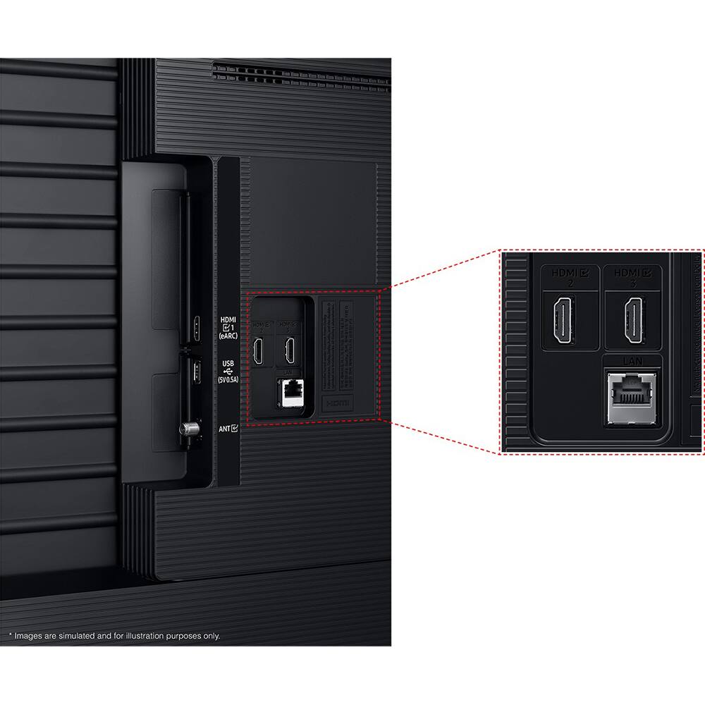 Sure, here is the corrected and grouped text from the image:

- HDMI 1 (eARC)
- HDMI 2
- HDMI 3
- USB (USB 3.0)
- LAN
- ANT 1
- ANT 2

*Images are simulated and for illustration purposes only.