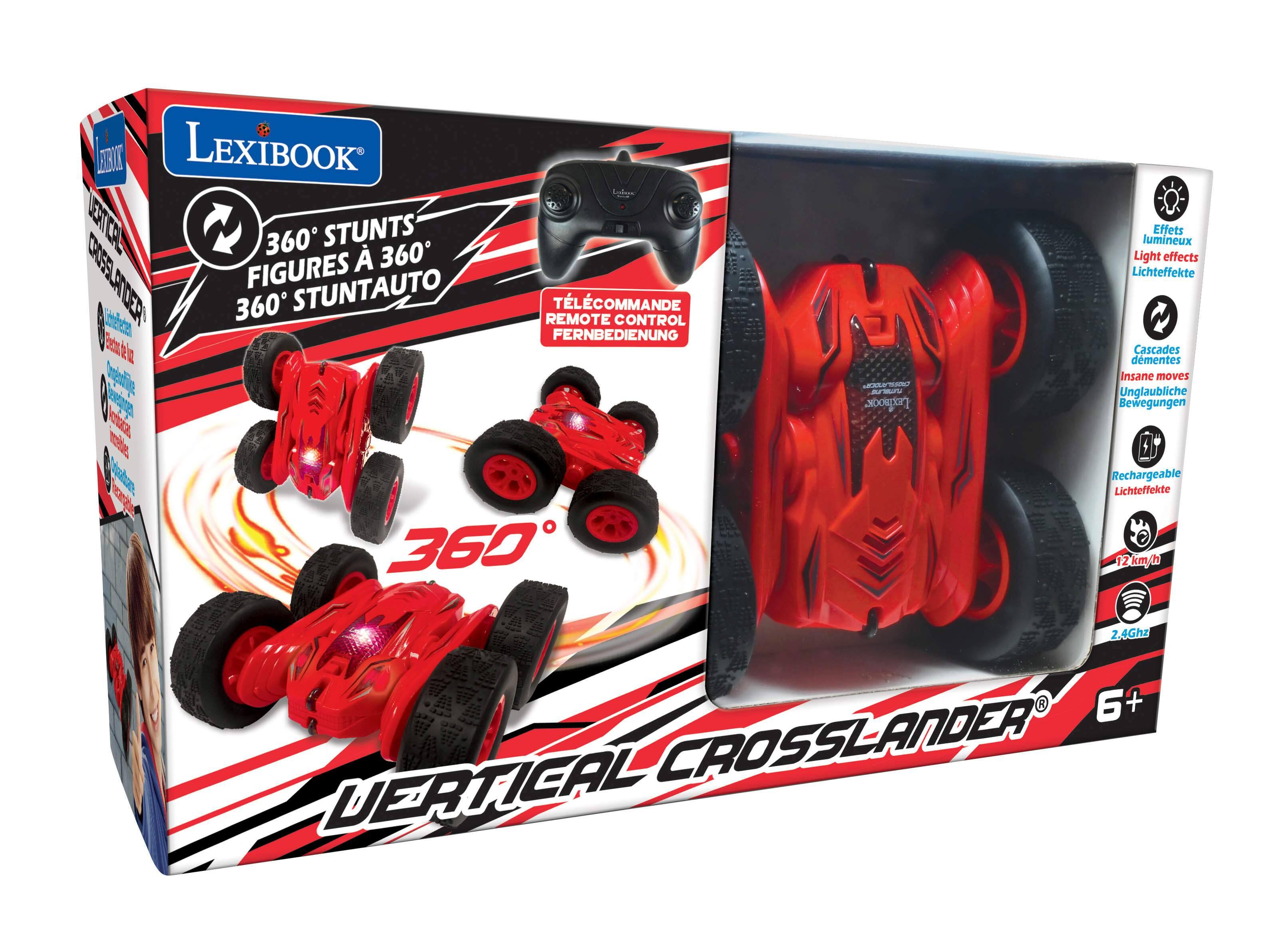 LexiBook  
360° Stunts  
Figures à 360°  
360° Stunt Auto  
Télécommande  
Remote Control  
Fernbedienung  

Effets lumineux  
Light effects  
Lichteffekte  
Cascades d'insanes  
Insane moves  
Unglaubliche Bewegungen  

Rechargeable  
Lichteffekte  
12 km/h  
2.4Ghz  
6+  

Vertical Crosslander