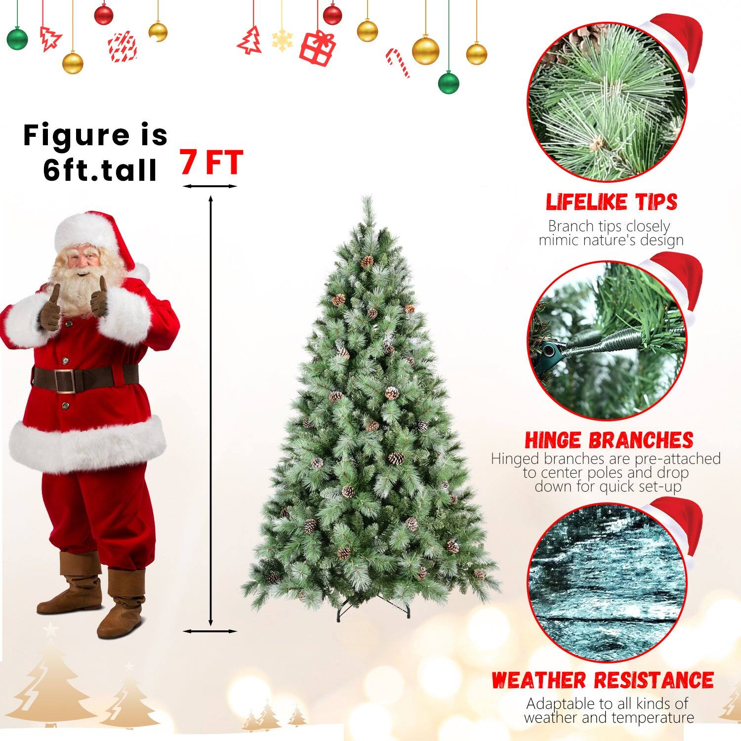 - Figure is 6ft. tall
- 7 FT
- LIFELIKE TIPS: Branch tips closely mimic nature's design
- HINGE BRANCHES: Hinged branches are pre-attached to center poles and drop down for quick set-up
- WEATHER RESISTANCE: Adaptable to all kinds of weather and temperature
