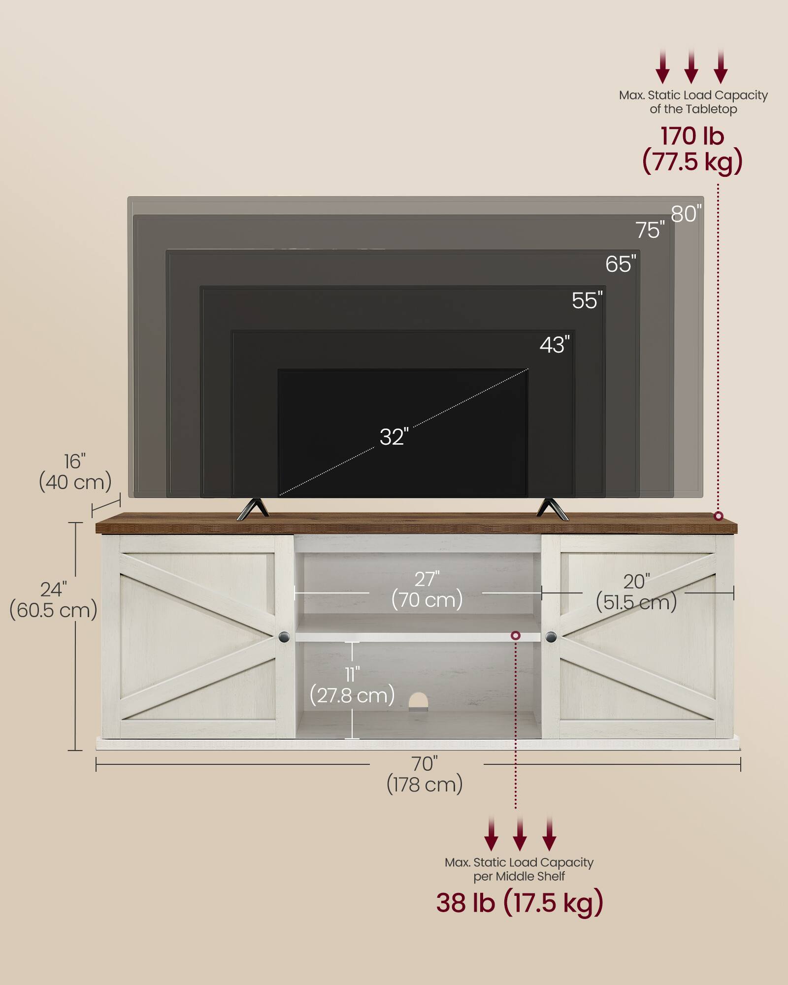 Max. Static Load Capacity of the Tabletop: 170 lb (77.5 kg)

Max. Static Load Capacity per Middle Shelf: 38 lb (17.5 kg)

Dimensions:
- 80" (203.2 cm) wide
- 75" (190.5 cm)
- 65" (165.1 cm)
- 55" (140 cm)
- 43" (109.2 cm)
- 32" (81.3 cm) deep
- 16" (40.6 cm) from wall
- 24" (60.5 cm) height of tabletop
- 27" (70 cm) width of middle shelf
- 20" (51.5 cm) width of cabinet doors
- 11" (27.8 cm) depth of middle shelf
- 70" (178 cm) overall length