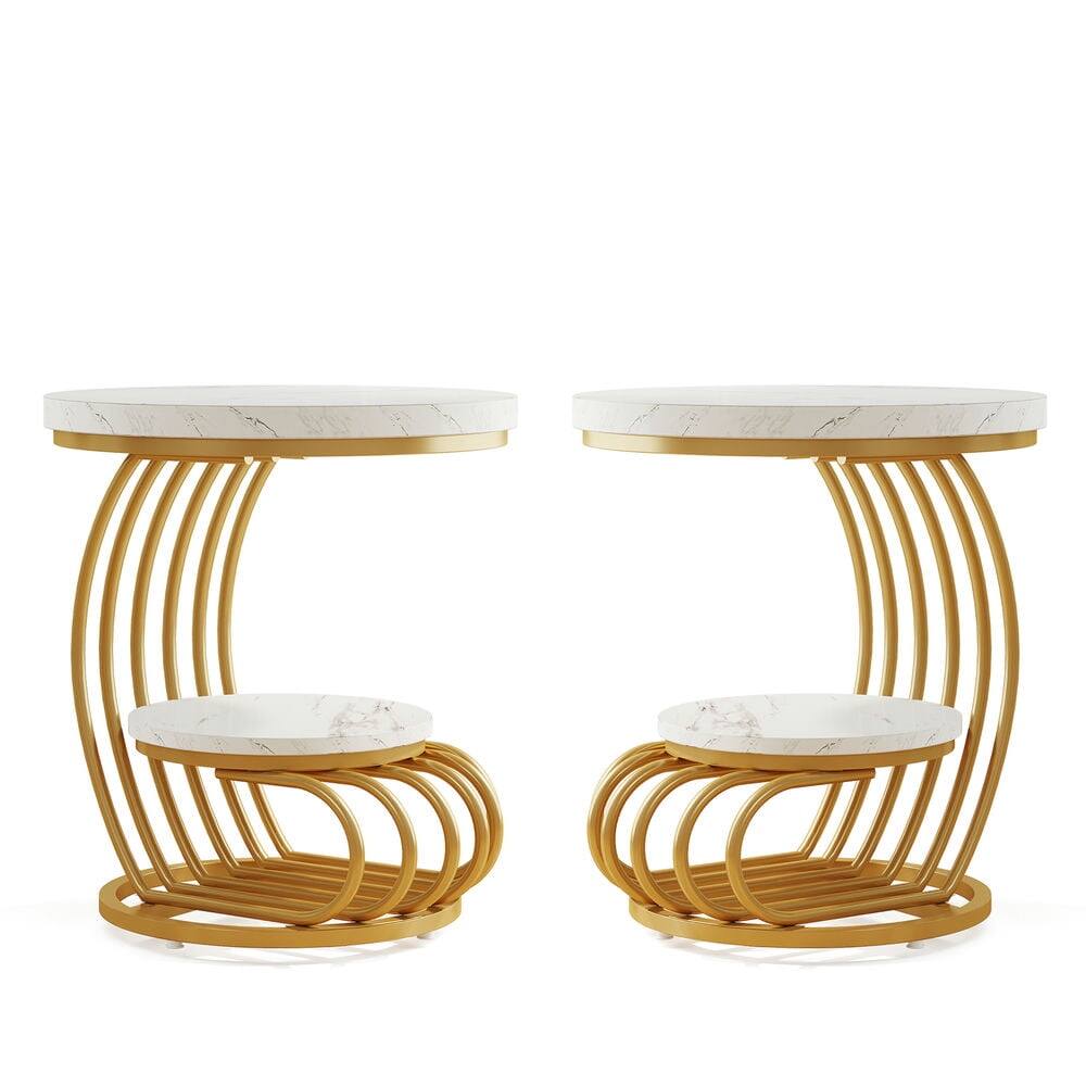 Angle. Kadyn - Kadyn Sofa Side End Table, Round Couch Table, 2 Tiers Faux Marble Side Table with Storage Shelf,White & Gold - White.