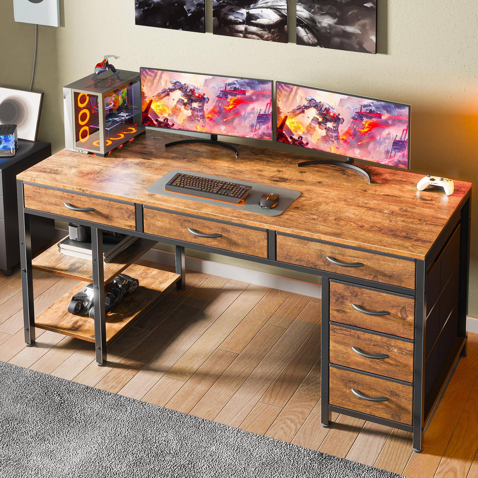 Left. Fabibe - Computer Desk With 6 Drawers 54 Inch Office Shelves Reversible Gaming Corner Storage Work For Home Study Living Office D - Rustic Brown 47 inch.