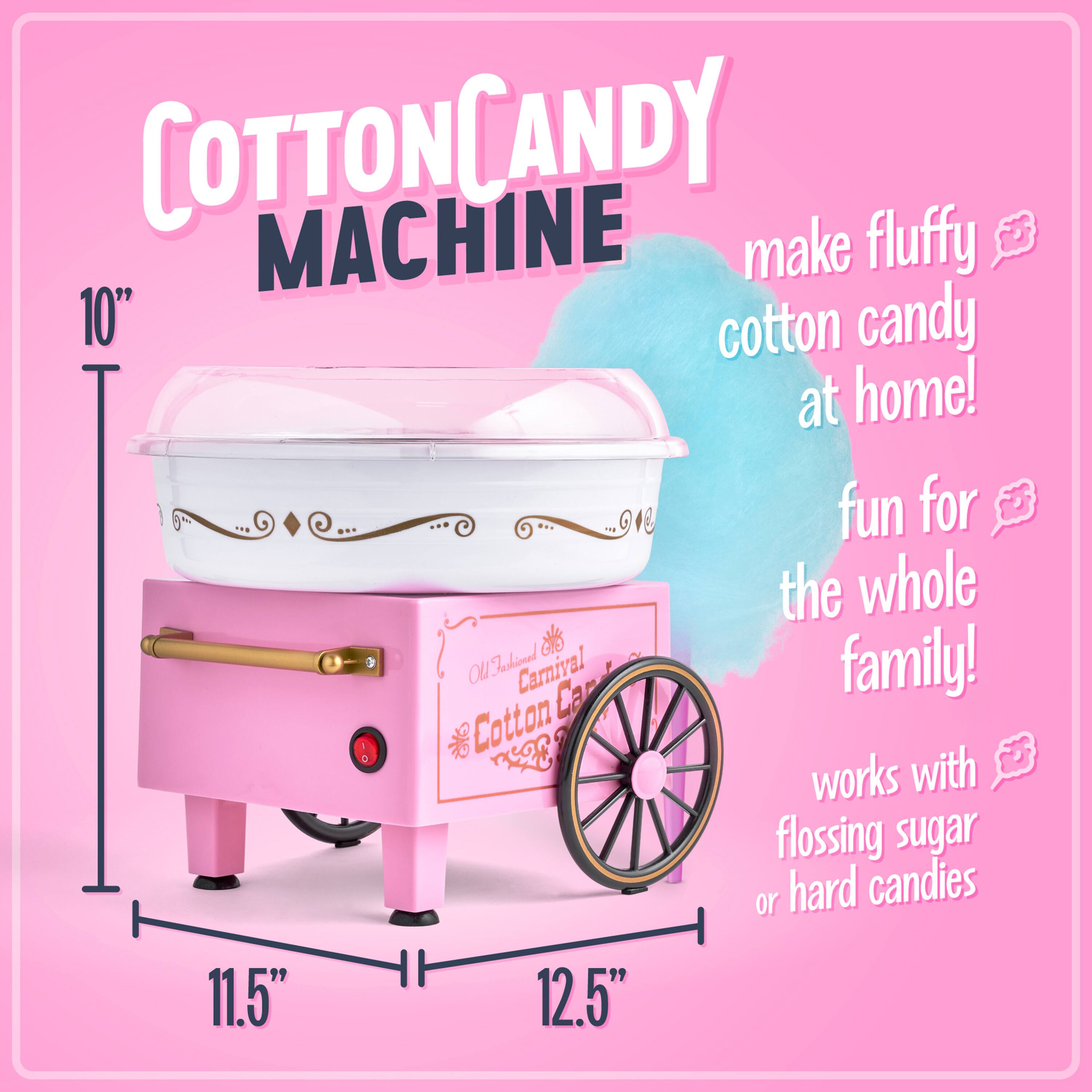 COTTON CANDY MACHINE: fluffy make 10" cotton candy at home! fun for the whole family! Works with flossing sugar or hard candies. 11.5" x 12.5"