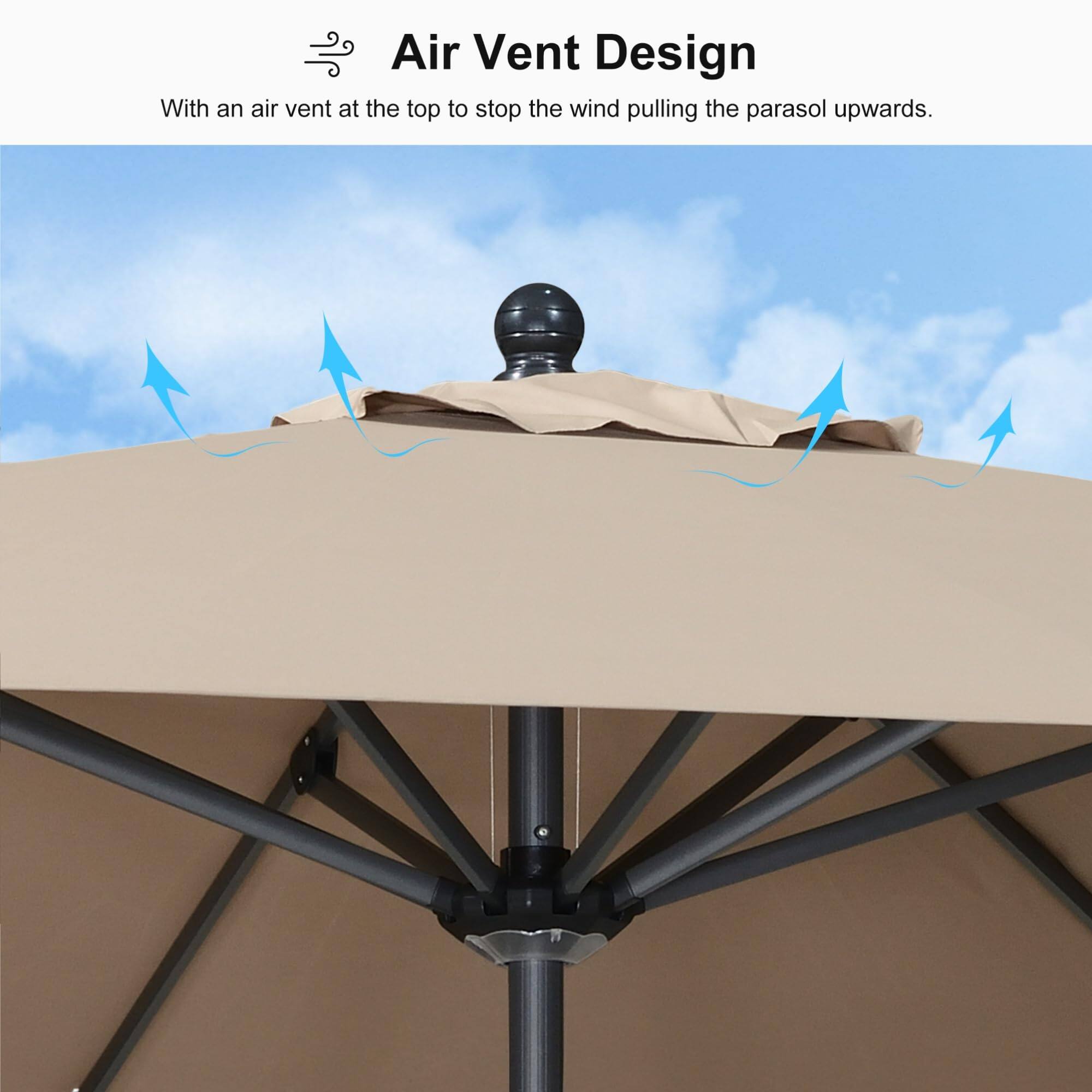 Air Vent Design

With an air vent at the top to stop the wind pulling the parasol upwards.