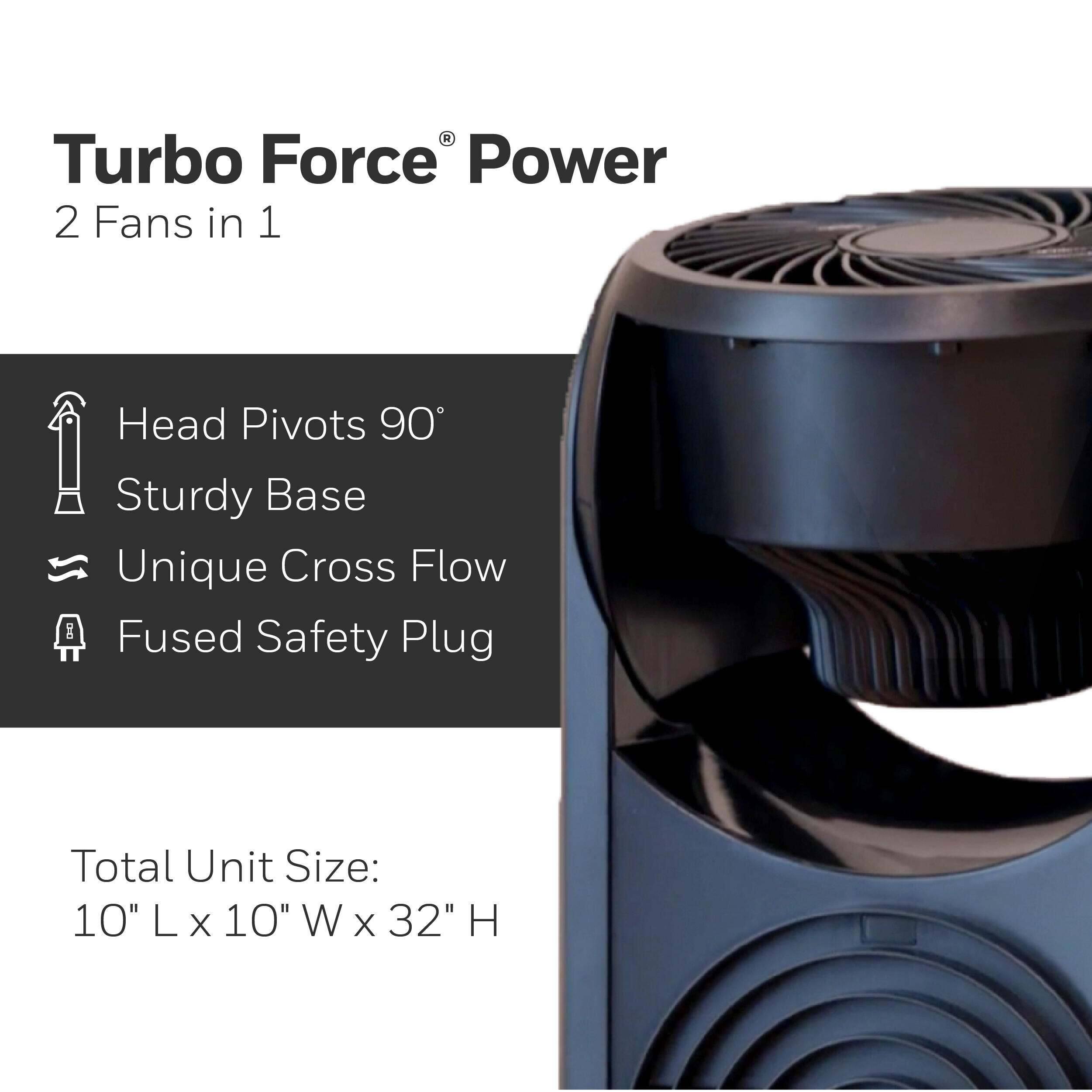 Turbo Force Power 2 Fans in 1 Head Pivots 90 Sturdy Base Unique Cross Flow DC Fused Safety Plug Total Unit Size: 10" L x 10" W x 32" H