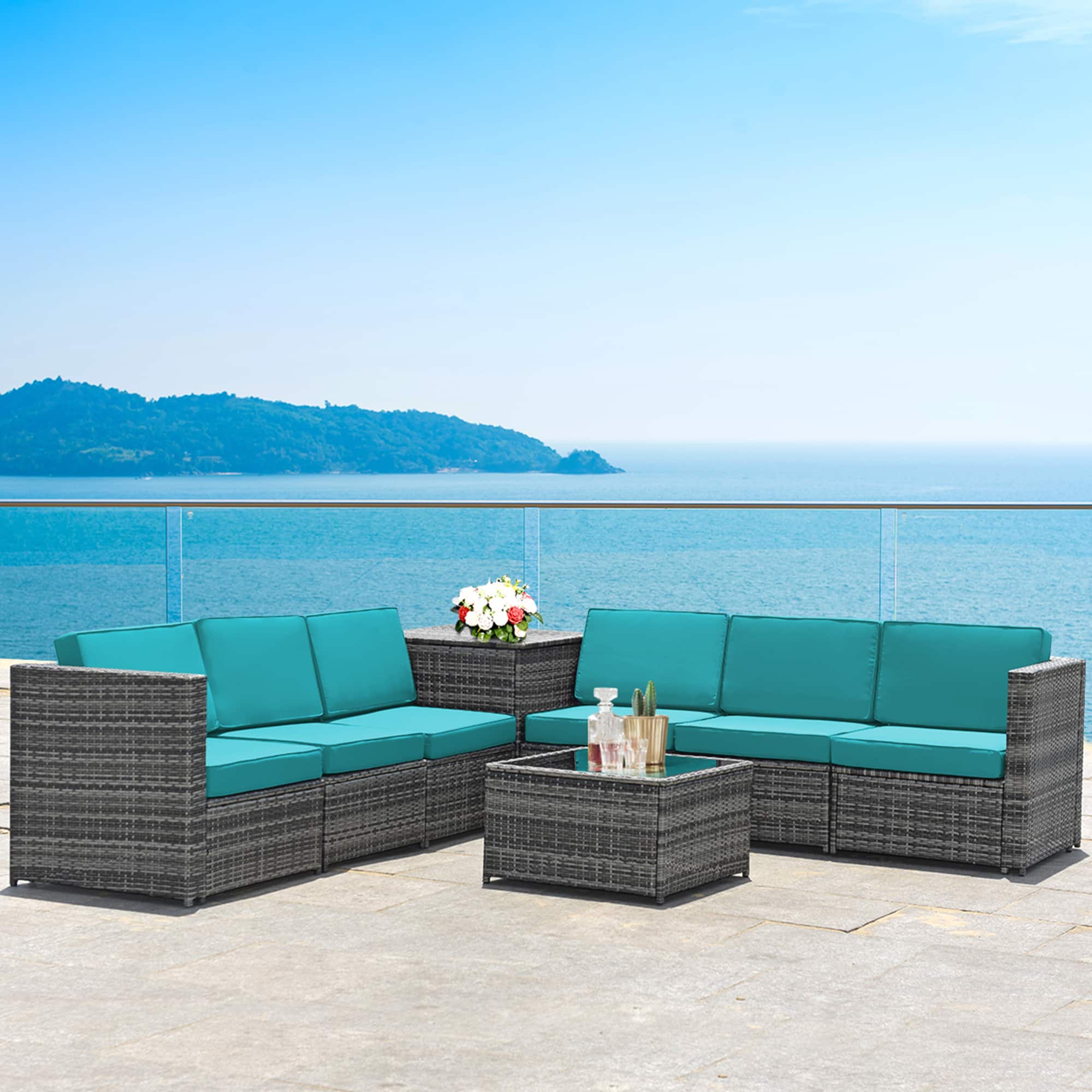 Gymax - 8PCS Patio Rattan Sofa Sectional Conversation Furniture Set w/ Cushion - Turquoise price history on PriceWatchPro