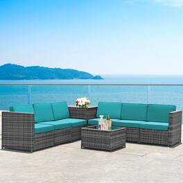 Gymax - 8PCS Patio Rattan Sofa Sectional Conversation Furniture Set w/ Cushion - Turquoise