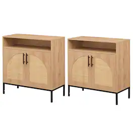 Costway - 2 PCS Sideboard Buffet Cabinet with Rattan Decorated Doors, Adjustable Shelf - Natural