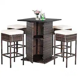 Costway - 5PCS Patio Rattan Bar Table Stool Set Hidden Storage Shelf Cushioned - Brown, beige, black