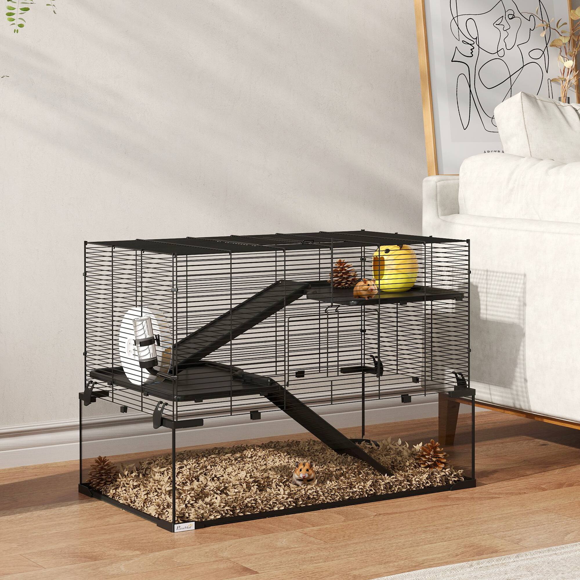 Alt View 5. Pawhut - Large Hamster Cage with Deep Tempered Glass Bottom, Running Wheel, Water Bottle, Dish, Syrian, Dwarf, Gerbils.