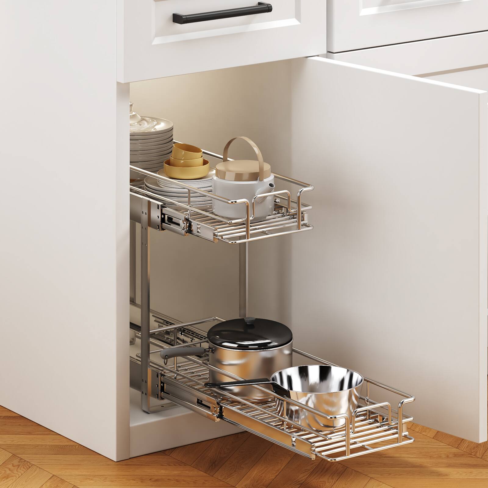 Alt View 4. LOVMOR - 2 Tier Individual Pull Out Cabinet Organizer 9 W x 21½in D Slide Out Kitchen Cabinet Storage Sliding Shelves - Silver.