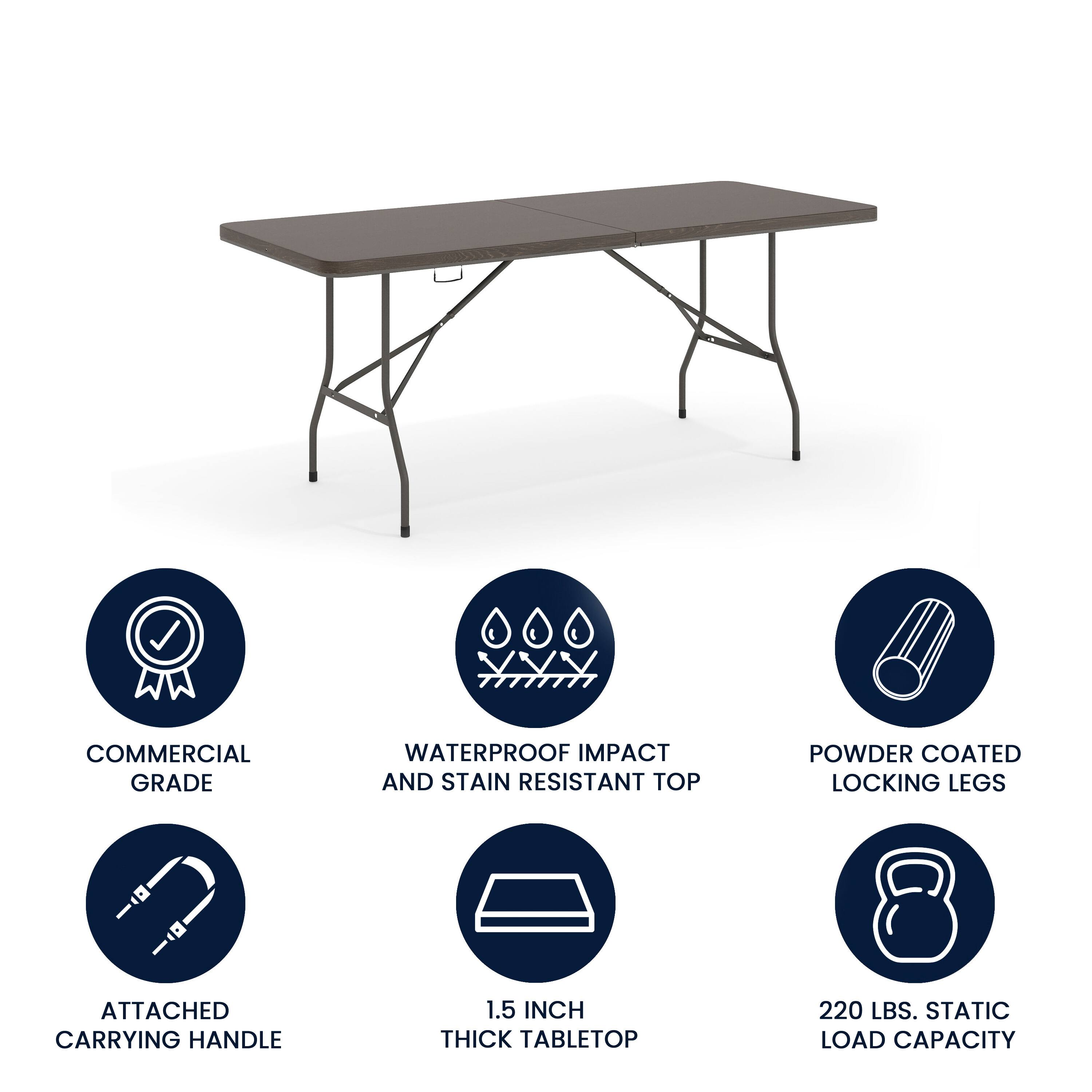 COMMERCIAL GRADE WATERPROOF IMPACT AND STAIN RESISTANT TOP U POWDER COATED LOCKING LEGS ATTACHED CARRYING HANDLE 1.5 INCH THICK TABLETOP 220 LBS. STATIC LOAD CAPACITY