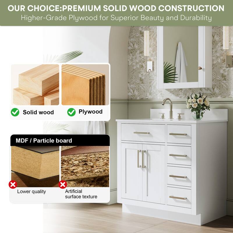 OUR CHOICE: PREMIUM SOLID WOOD CONSTRUCTION  
Higher-Grade Plywood for Superior Beauty and Durability  

Solid wood  
Plywood  

MDF / Particle board  
Lower quality  
Artificial surface texture