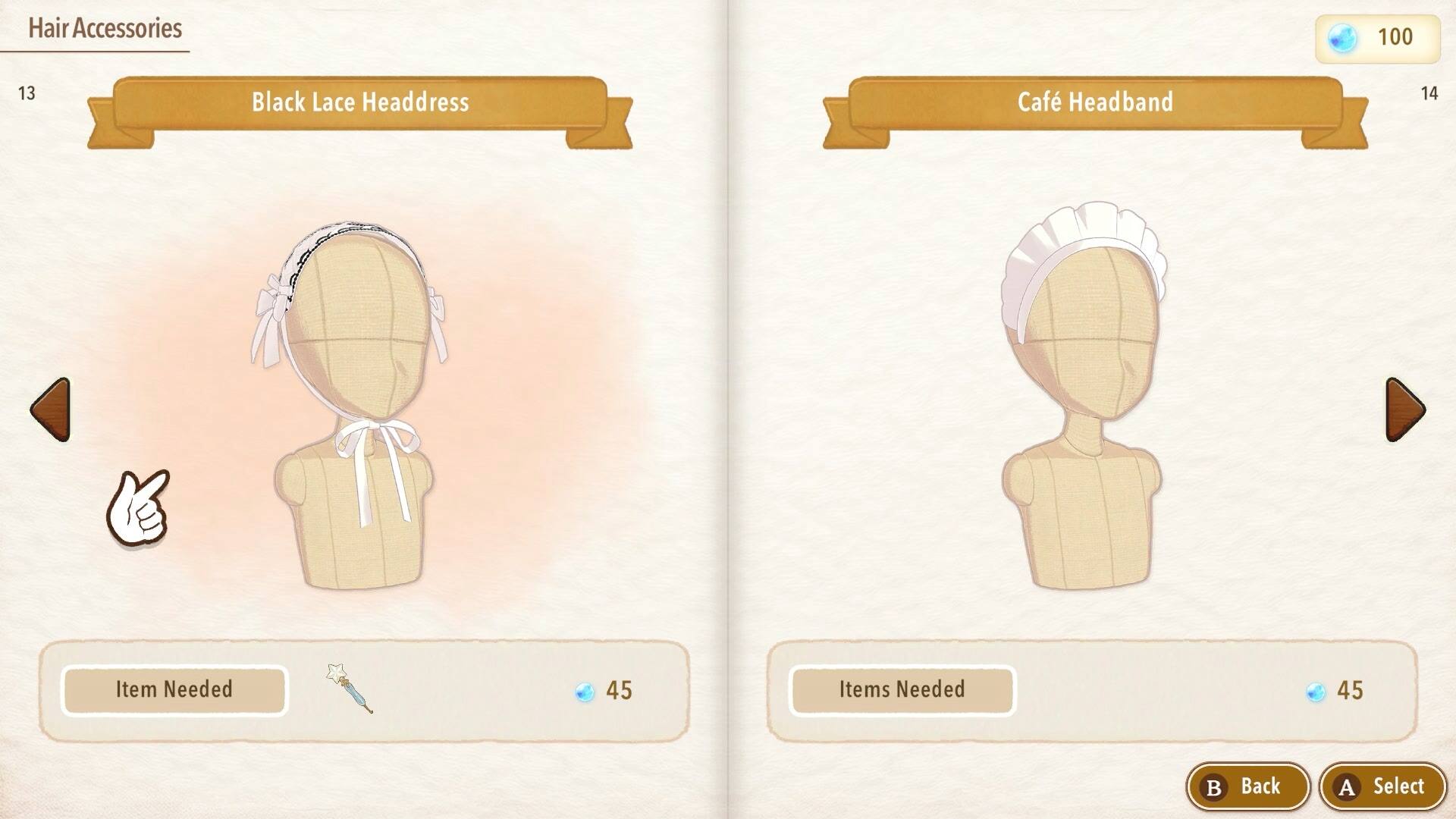 Hair Accessories

13 Black Lace Headress
Item Needed 45

100 14 Café Headband
Items Needed 45

B Back A Select