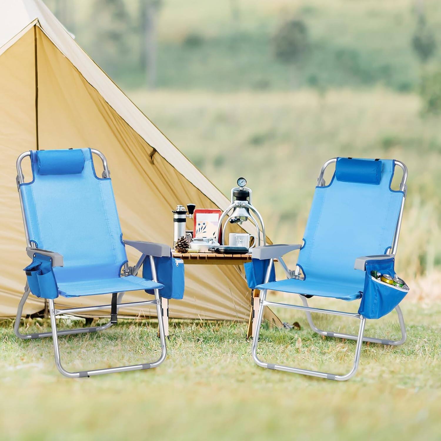 Alt View 7. Winado - 2 PCS Folding Beach Chair Lightweight with 5-Position, Cooler Bag, Cup Holders, Backpack Towel Bar for Camping Beach - Blue.