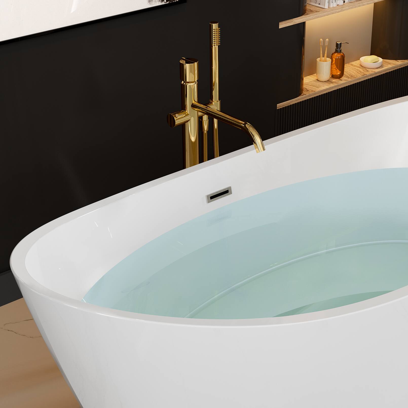 Left. Empava - 67 in. x 29.5 in. Freestanding Flat Bottom Bath Tub Oval Soaking Bathtub with Center Drain - White.