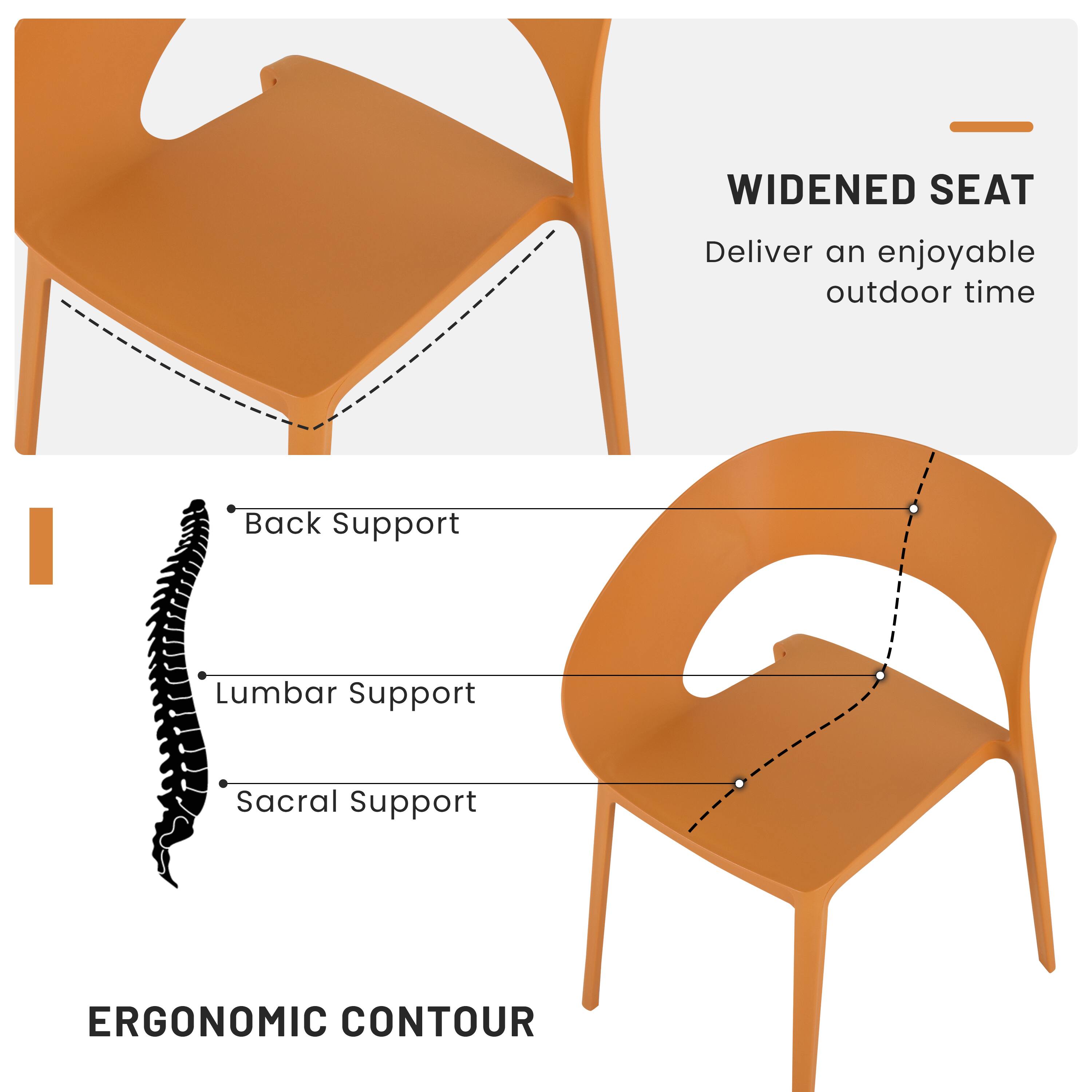 WIDENED SEAT  
Deliver an enjoyable outdoor time  

ERGONOMIC CONTOUR  
- Back Support  
- Lumbar Support  
- Sacral Support