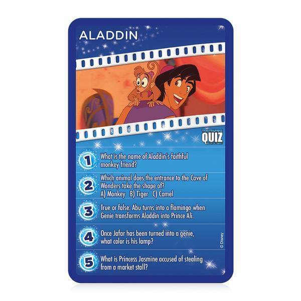 ALADDIN QUIZ

1. What is the name of Aladdin's faithful monkey friend?
2. Which animal does the entrance to the Cave of Wonders take the shape of?
   A) Monkey
   B) Tiger
   C) Camel
3. True or false: Abu turns into a flamingo when Genie transforms Aladdin into Prince Ali.
4. Once Jafar has been turned into a genie, what color is his lamp?
5. What is Princess Jasmine accused of stealing from a market stall?