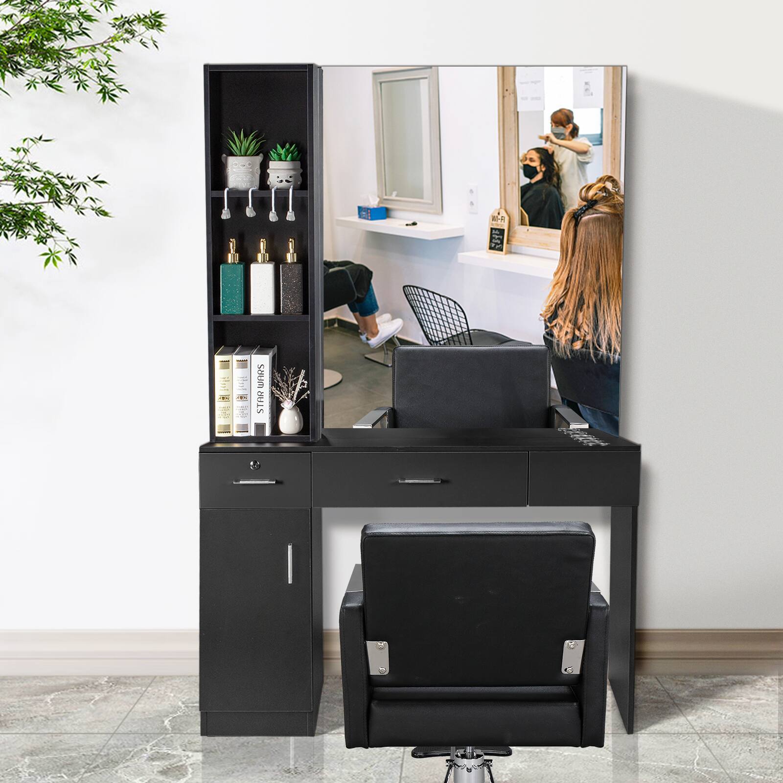 Angle. Winado - Professional Makeup Vanity Table Salon Styling Station with Mirror, Drawer, Storage Cabinet, Hair Dryer Holders for Home - Black.