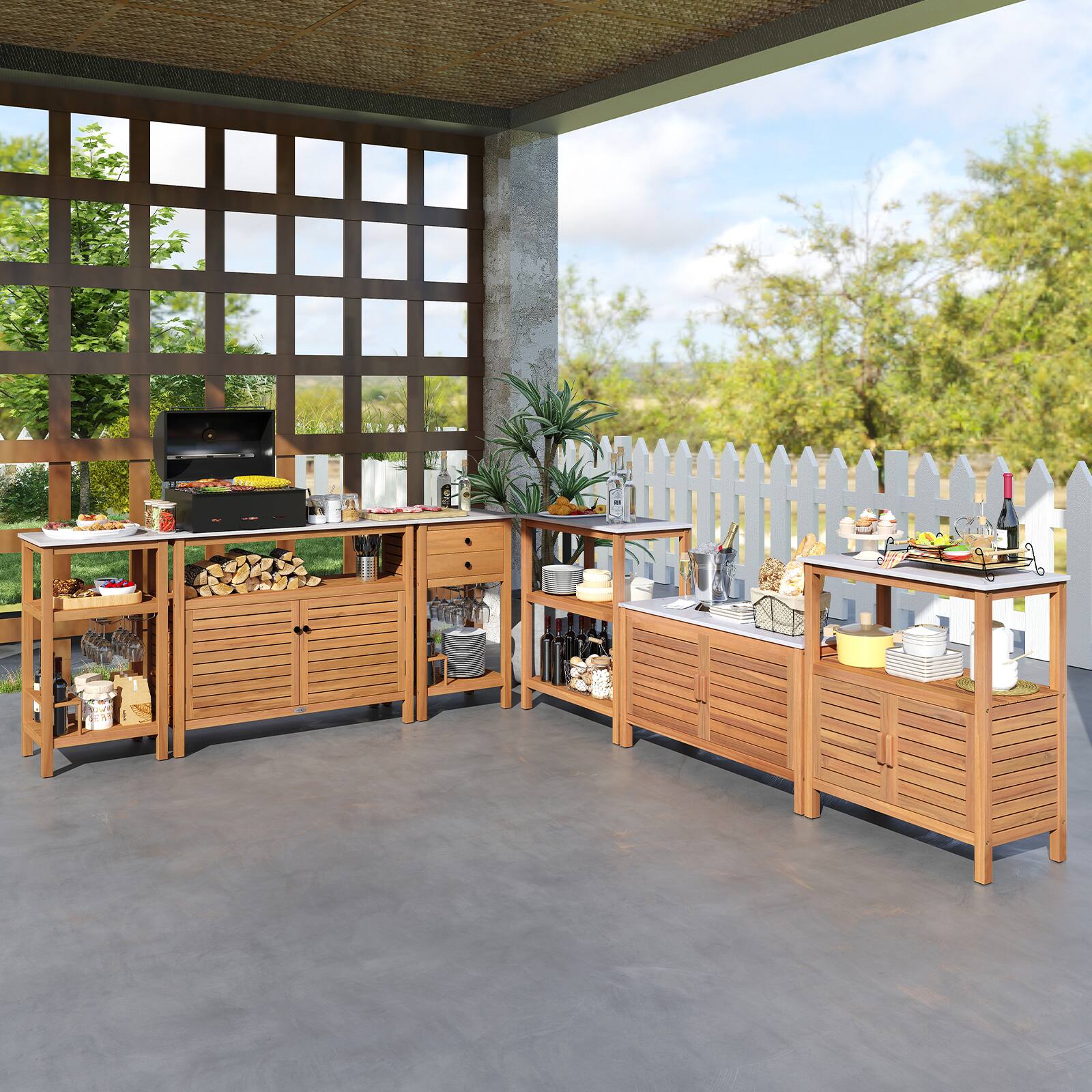 Alt View 7. Gymax - Gymax Patio Wood Storage Cabinet Acacia Wood Outdoor Kitchen Organizer w/ Bottom Shelf - Natural.