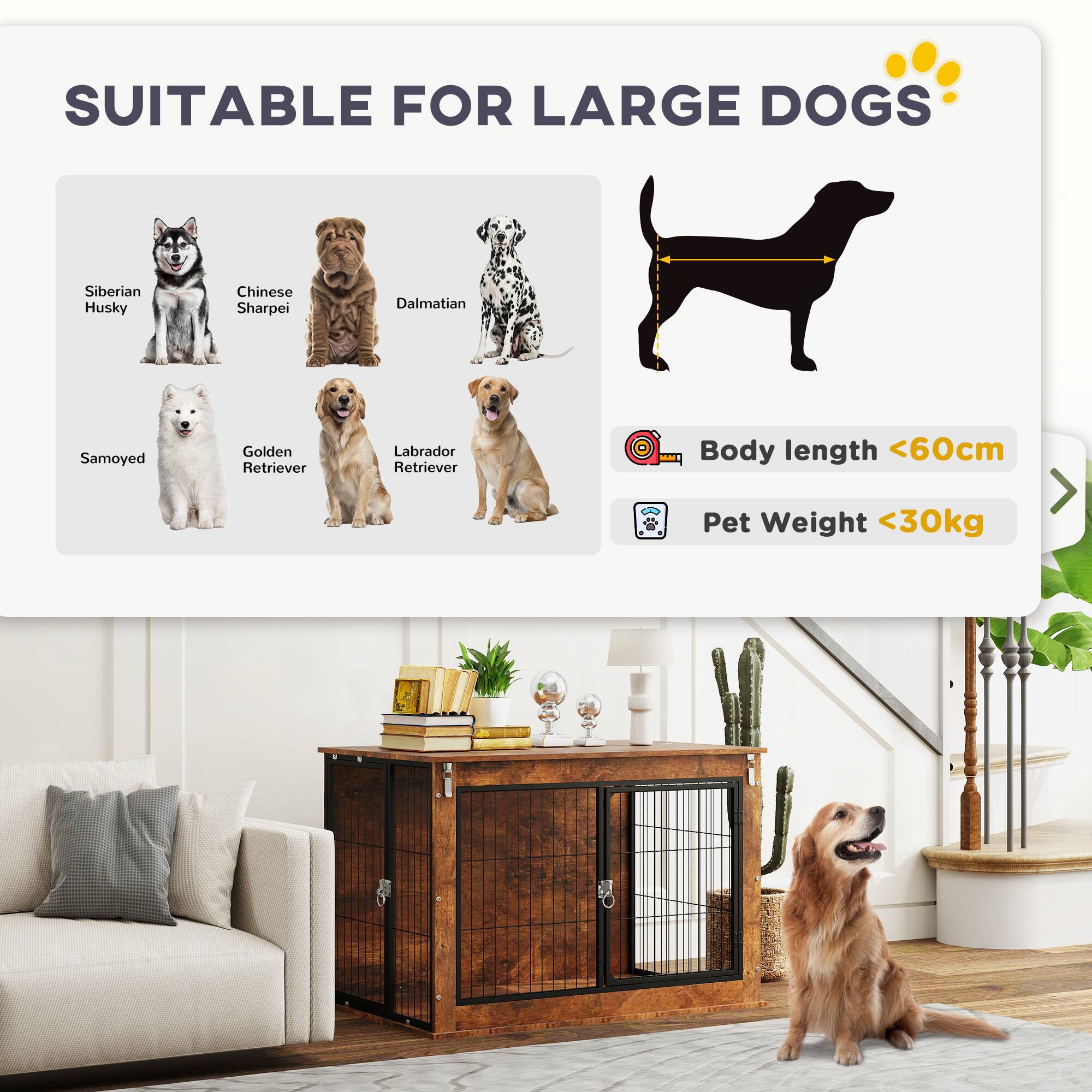 SUITABLE FOR LARGE DOGS

- Siberian Husky
- Chinese Sharpei
- Dalmatian
- Samoyed
- Golden Retriever
- Labrador Retriever

Body length <60cm

Pet Weight <30kg