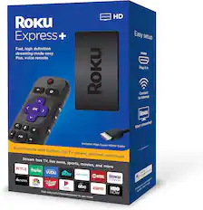 **Roku Express +**
Fast, high definition streaming made easy
Plus, voice remote
* Includes High Speed HDMI Cable
* Voice remote with buttons for TV power, volume, and mute
Stream free TV, live news, sports, movies, and more
NETFLIX
hulu
VUDU
HGTV
pandora
SHOWTIME
RoKu Channel
NBC
Disney NOW
abc
ESPN
HBO
Move
Visit roku.com/channelchecker to see more
Easy setup
Plug it in
Connect to internet
Start streaming!
Google Assistant
Third-party voice assistant support may vary