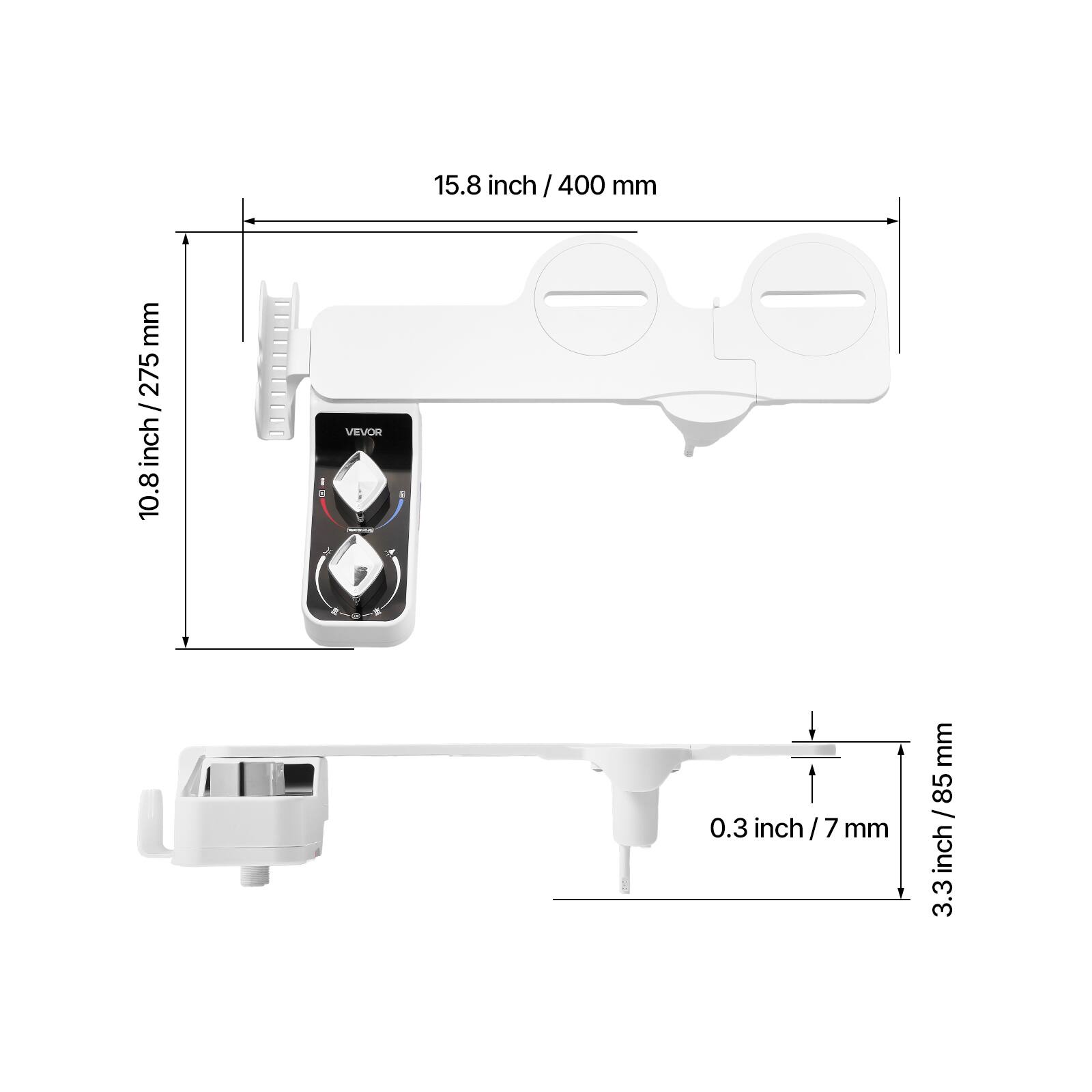 15.8 inch / 400 mm, 10.8 inch / 275 mm, 0.3 inch / 7 mm, 3.3 inch / 85 mm