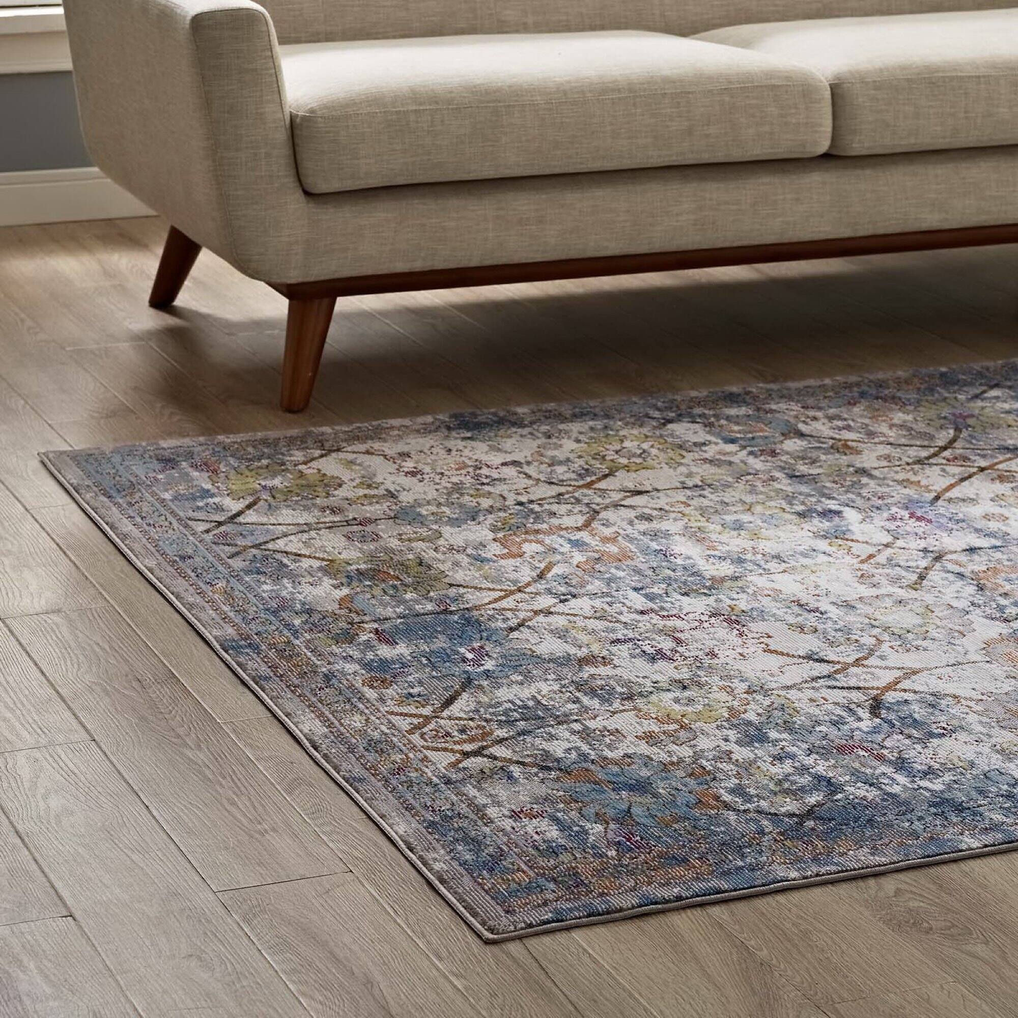 Back. Modway - Minu Distressed Floral Lattice Area Rug - Light Blue Yellow and Orange.