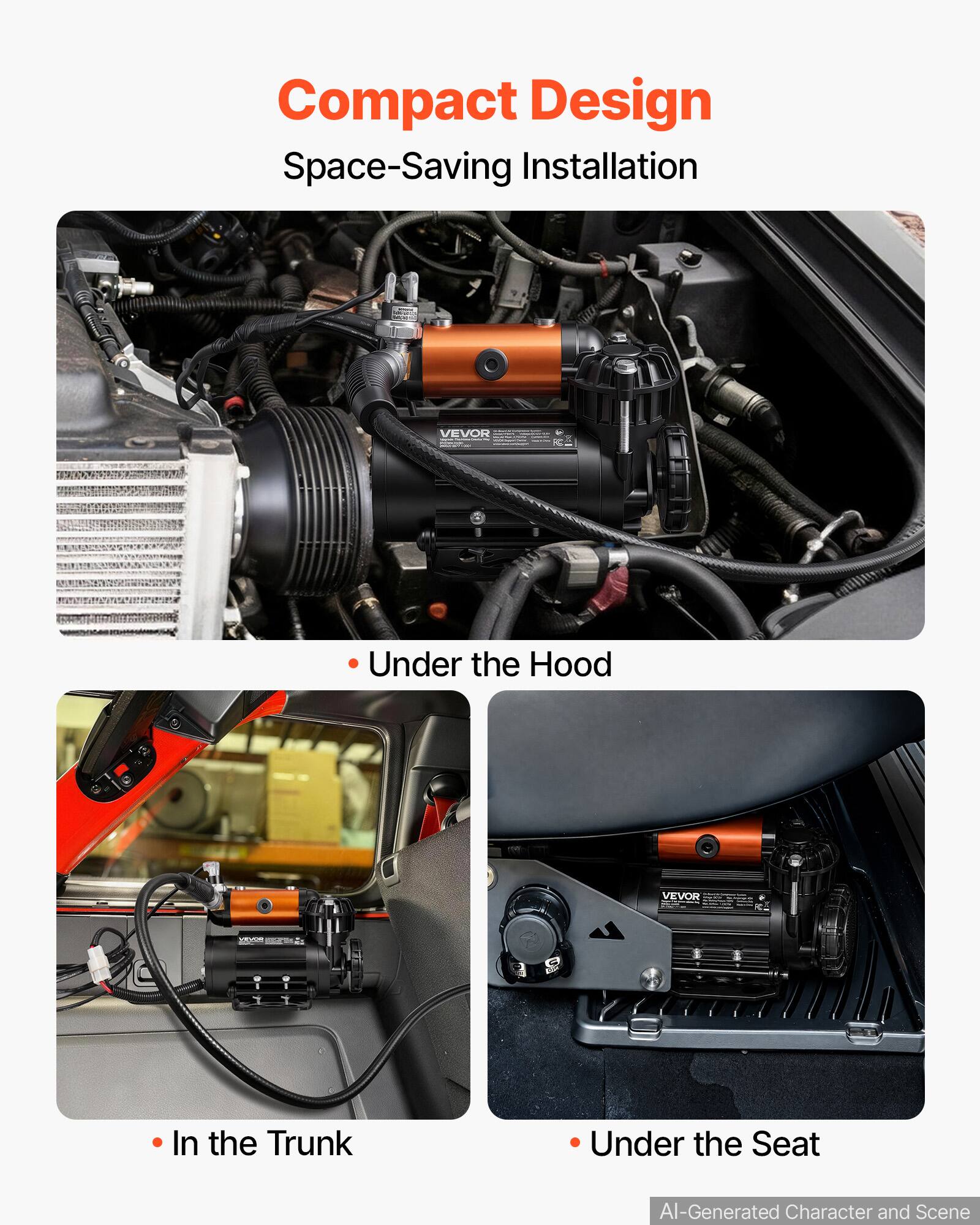 Compact Design  
Space-Saving Installation

- Under the Hood
- In the Trunk
- Under the Seat

AI-Generated Character and Scene