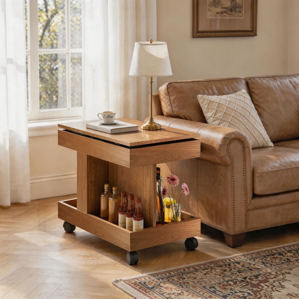 Loheer - Small Coffee Table with Wheels Rolling End Table Mobile Bedside Table Rotating Side Table Liftable Laptop Stand - Natural