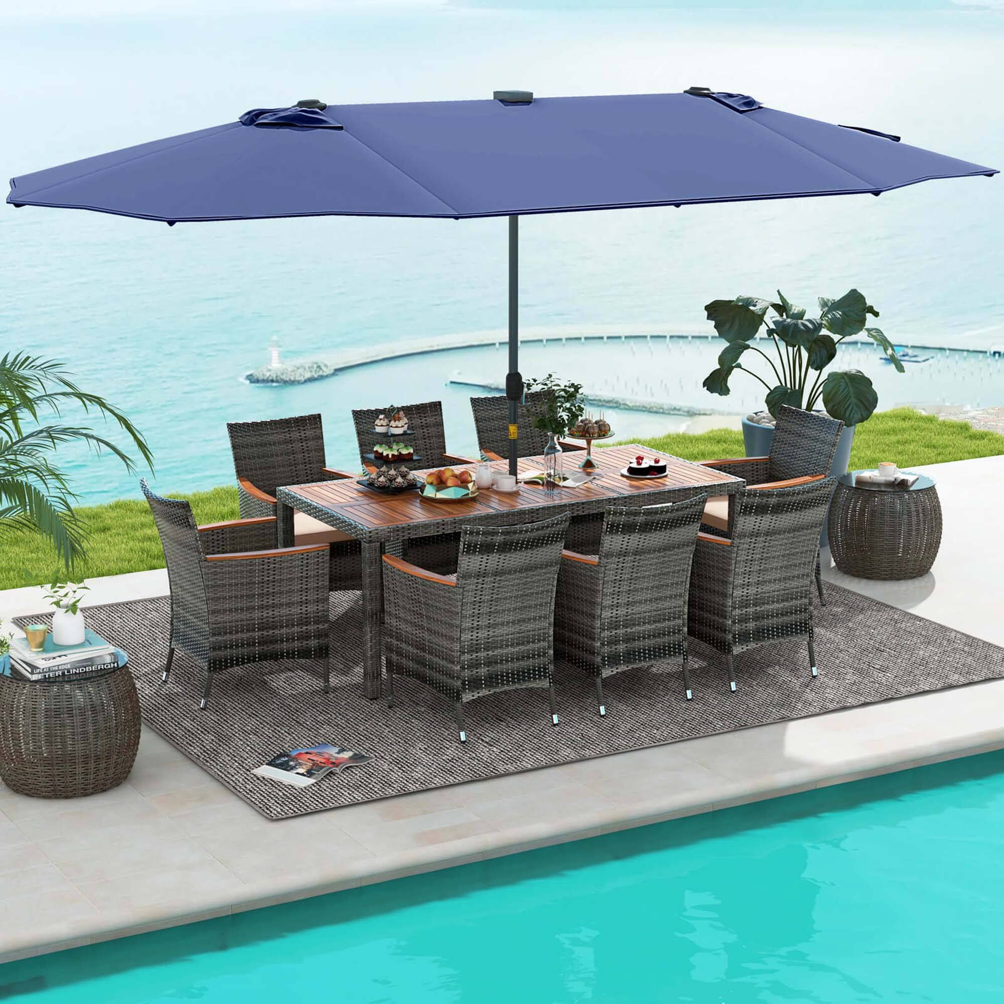 Alt View 2. Costway - 11 PCS Patio Dining Set with 15 ft Double-Sided Patio Umbrella 8 Armchairs - Mix Gray,Beige,Blue.