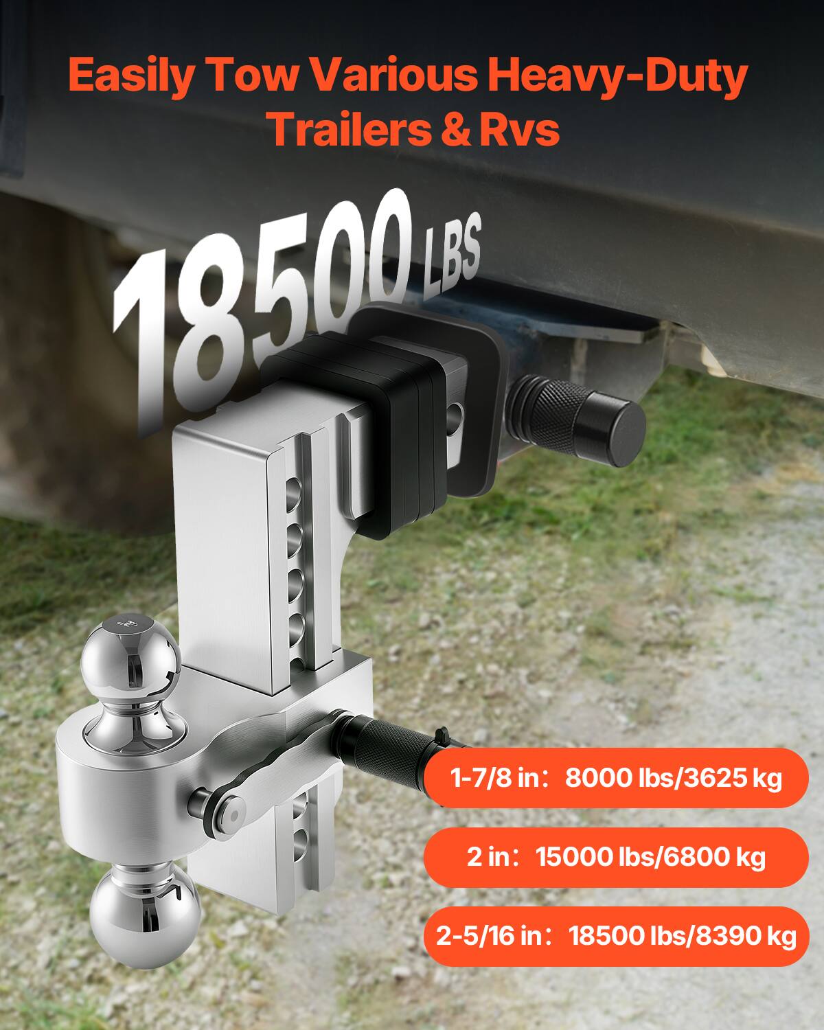 Easily Tow Various Heavy-Duty Trailers & RVs

18500 LBS

1-7/8 in: 8000 lbs/3625 kg

2 in: 15000 lbs/6800 kg

2-5/16 in: 18500 lbs/8390 kg