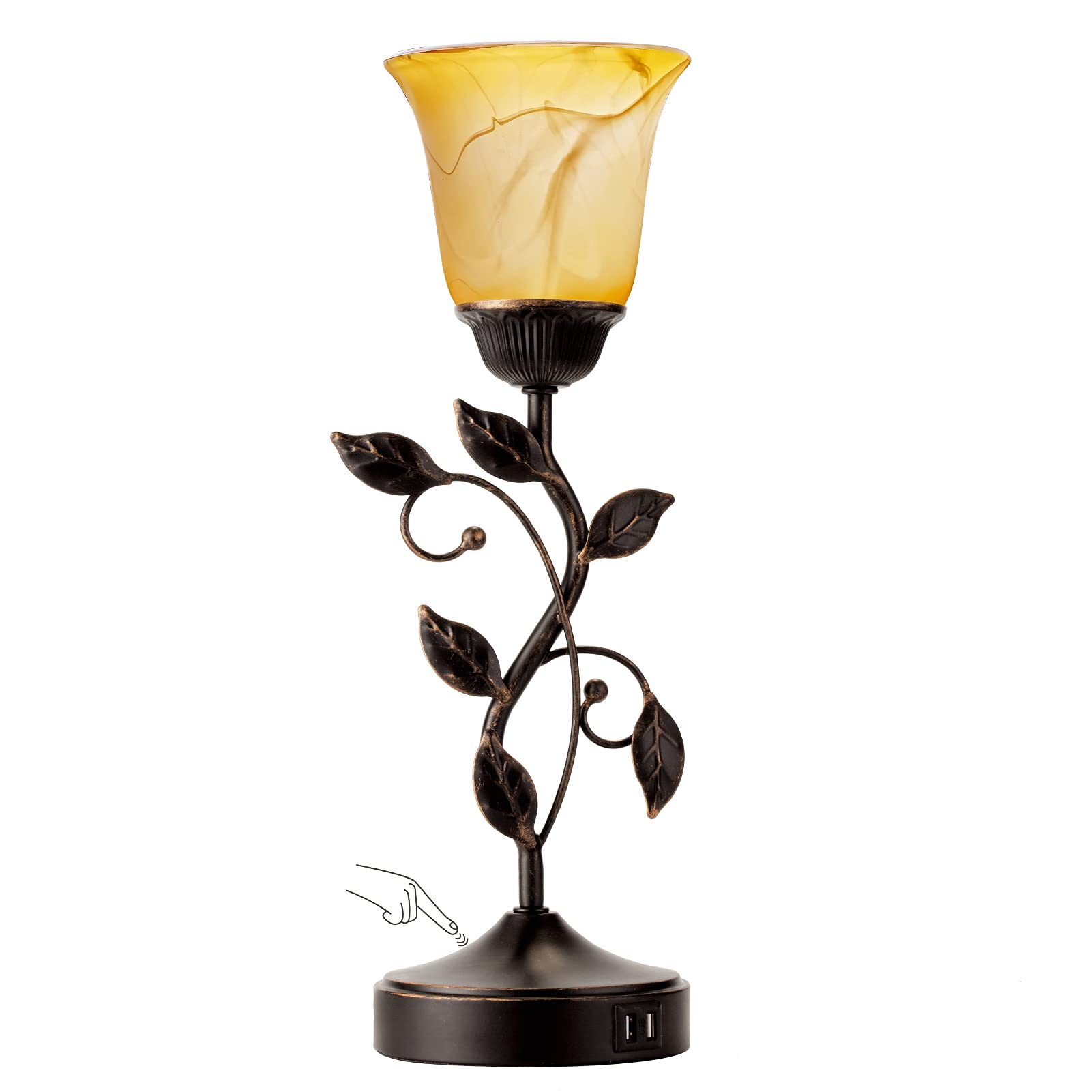 Alt View 5. Reds Spade - Touch Control Table Lamp USB Charging Ports Way Dimmable Bedside Nightstand Lamps Amber Glass Shade 【Leaf - Brass.