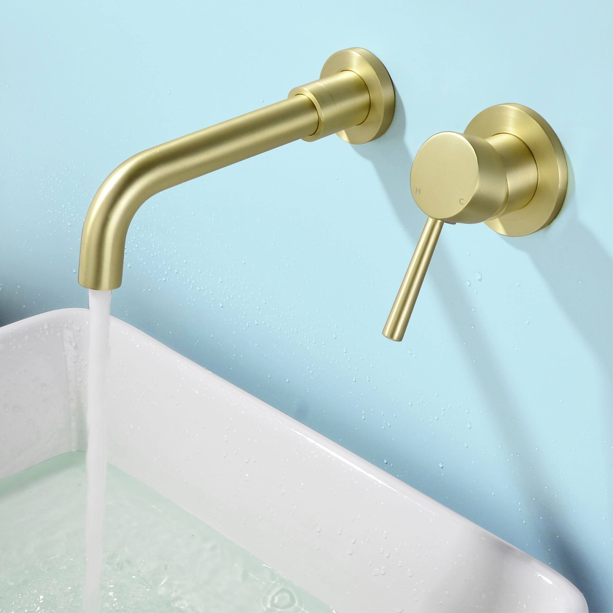 Alt View 1. Boyel Living - Brushed Gold Wall Mount Basin Faucet Single Handle 360° Swivel Spout - Brushed Gold.