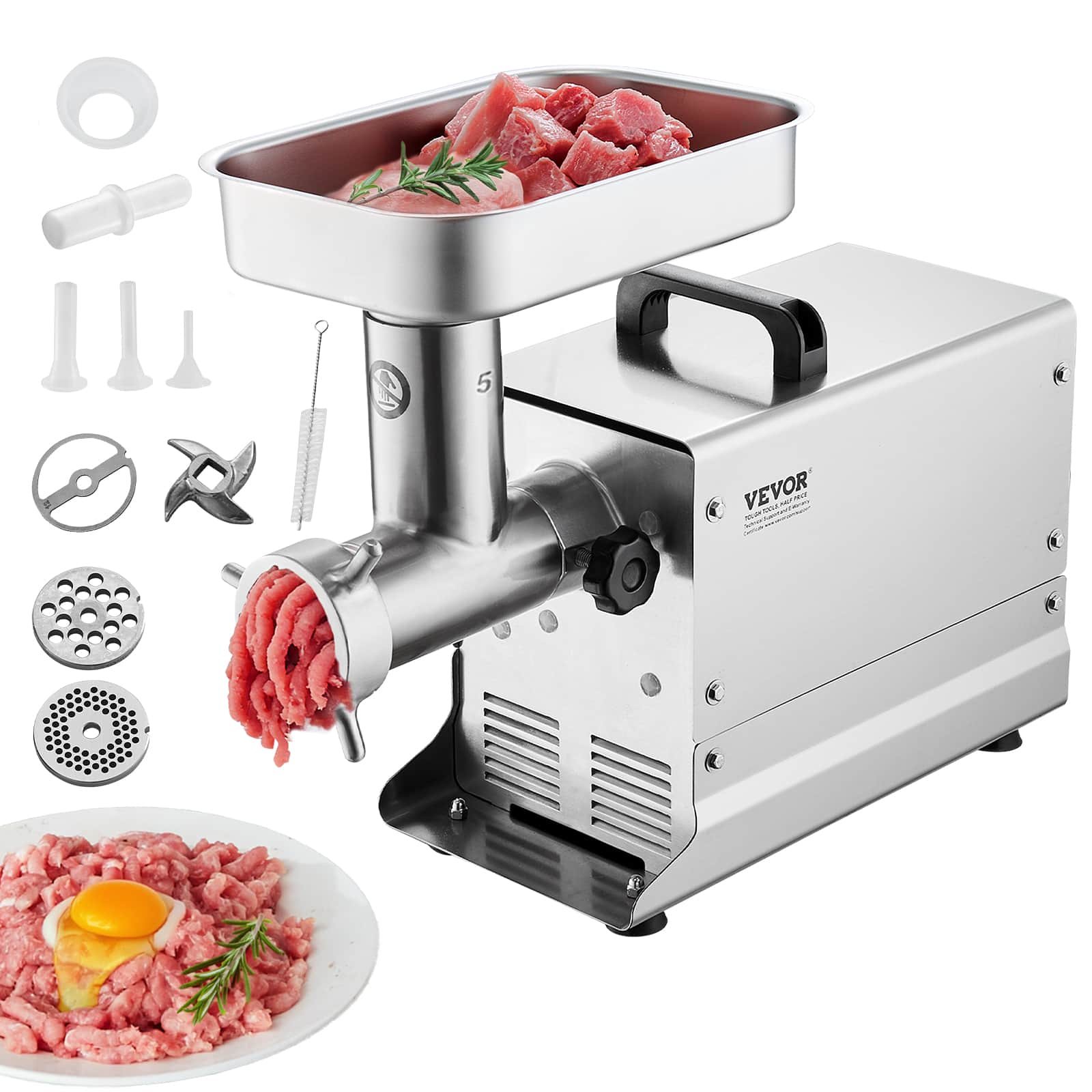 VEVOR - Meat Grinder, 5 Lbs/Min Capacity Electric Stainless Steel Meat Grinders with Blade, Grinding Plate, Sausage Maker - Silver