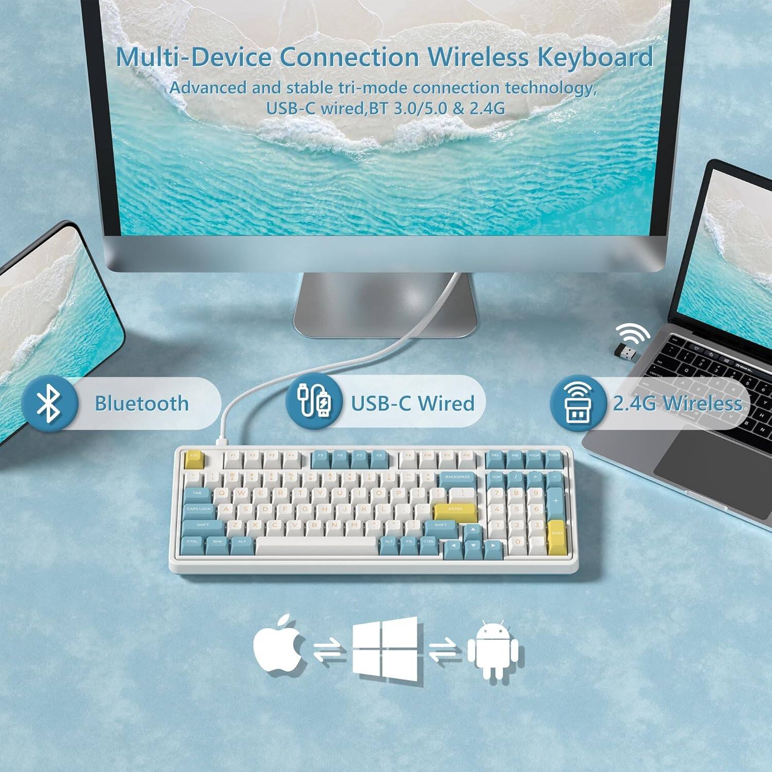 Multi-Device Connection Wireless Keyboard

Advanced and stable tri-mode connection technology, USB-C wired, BT 3.0/5.0 & 2.4G

Bluetooth
USB-C Wired
2.4G Wireless