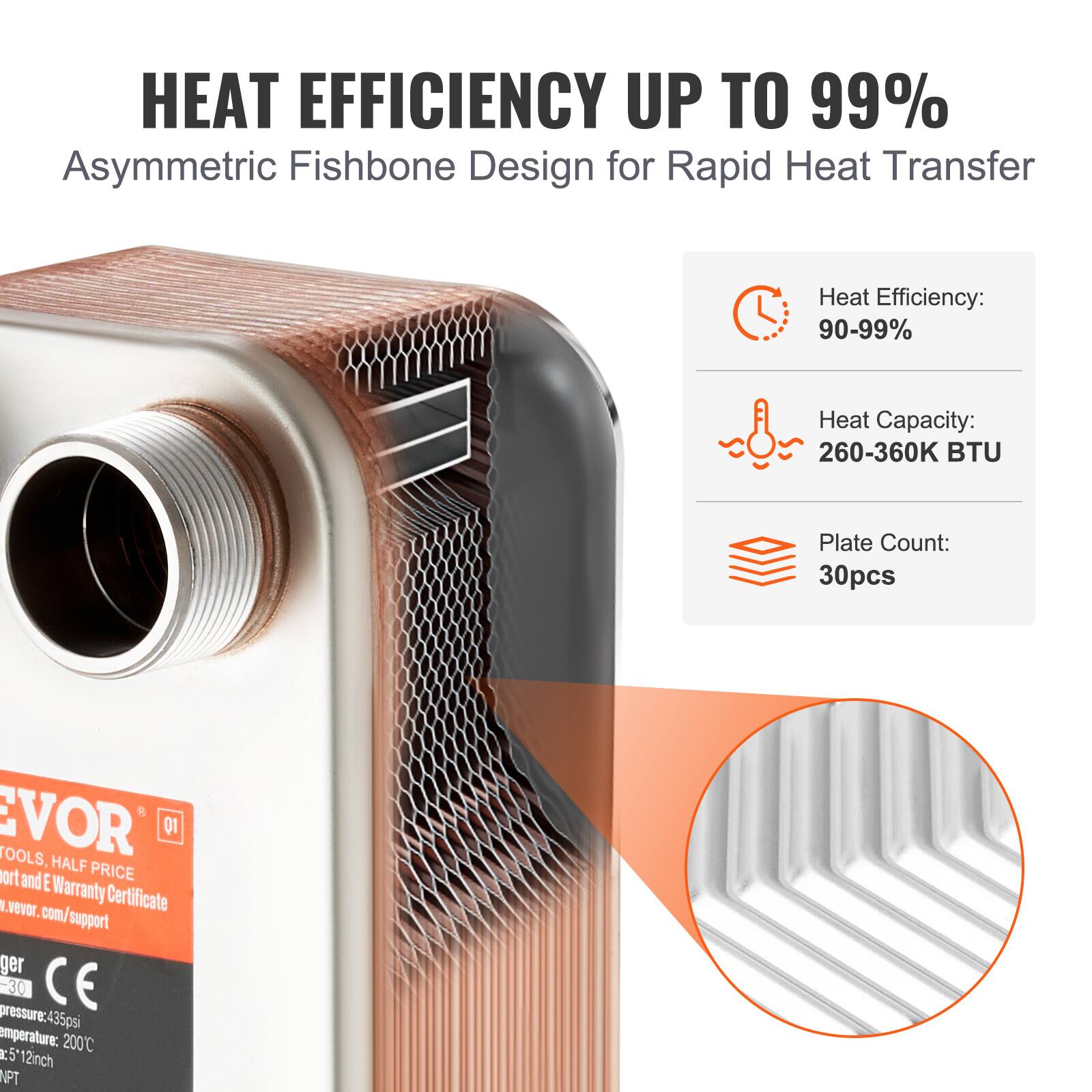 HEAT EFFICIENCY UP TO 99%  
Asymmetric Fishbone Design for Rapid Heat Transfer  

Heat Efficiency: 90-99%  
Heat Capacity: 260-360K BTU  
Plate Count: 30pcs  

VOR TOOLS  
Q1 HALF PRICE  
ort and E Warranty Certificate  
vevor.com/support  

Pressure: 435psi  
Temperature: 200°C  
5/12inch NPT