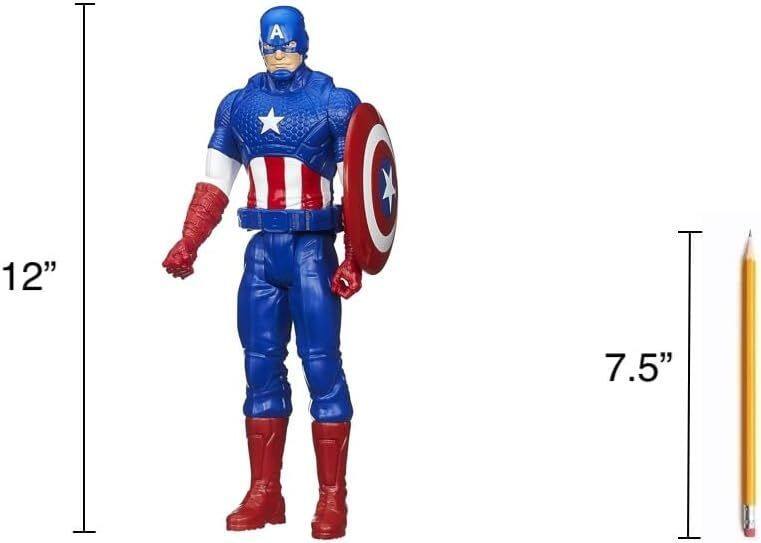 The text on the image shows the dimensions of a Captain America action figure. The figure is 12 inches tall, and the pencil next to it is 7.5 inches long.