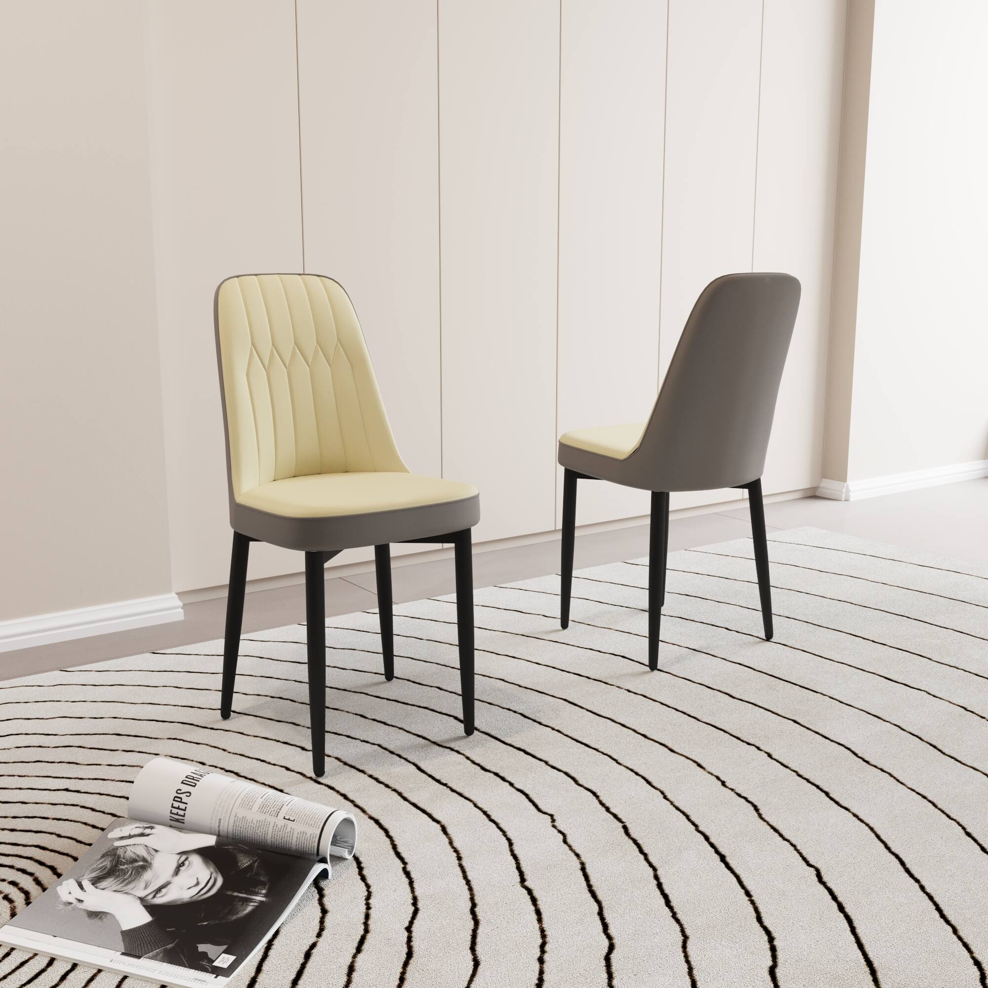 Alt View 2. Tiramisubest - Modern Style Dining Chair Set of 2 with Thick Cushions and Black Metal Legs in Beige and Grey PU Leather - Beige.