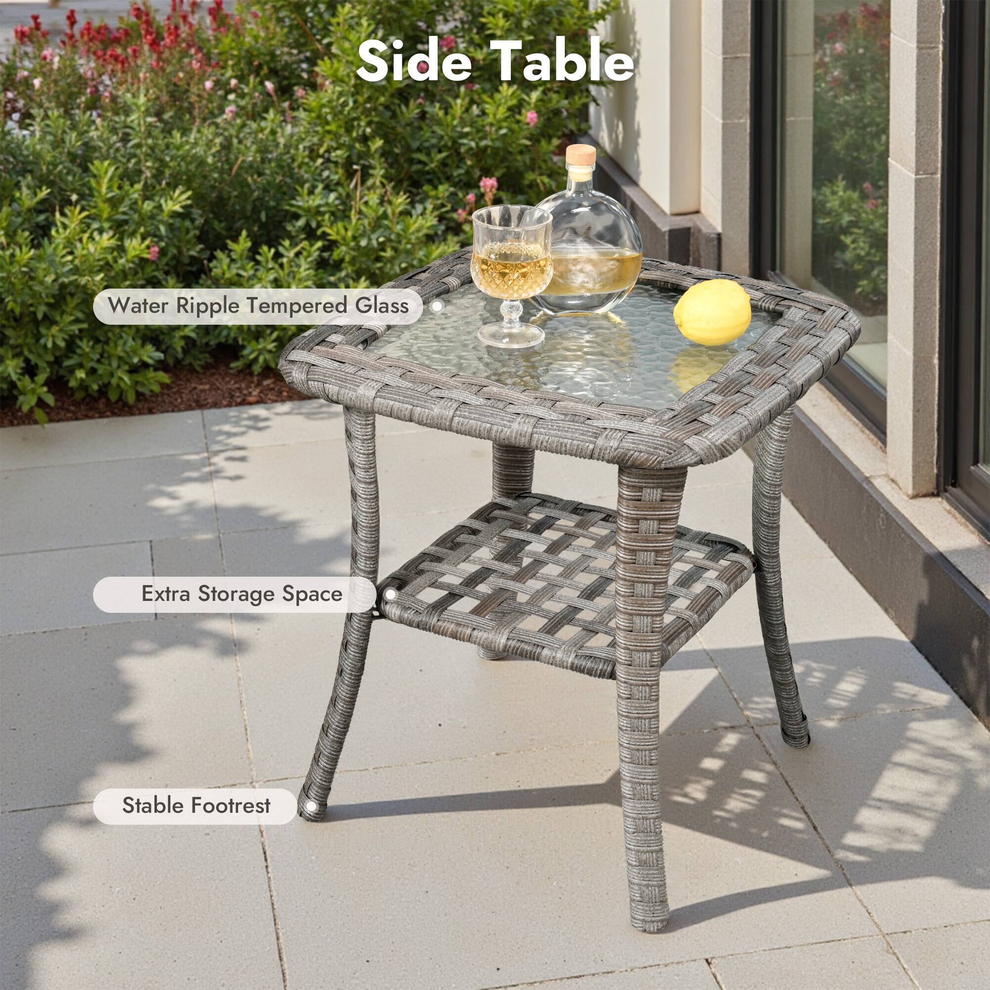 Side Table

- Water Ripple Tempered Glass
- Extra Storage Space
- Stable Footrest