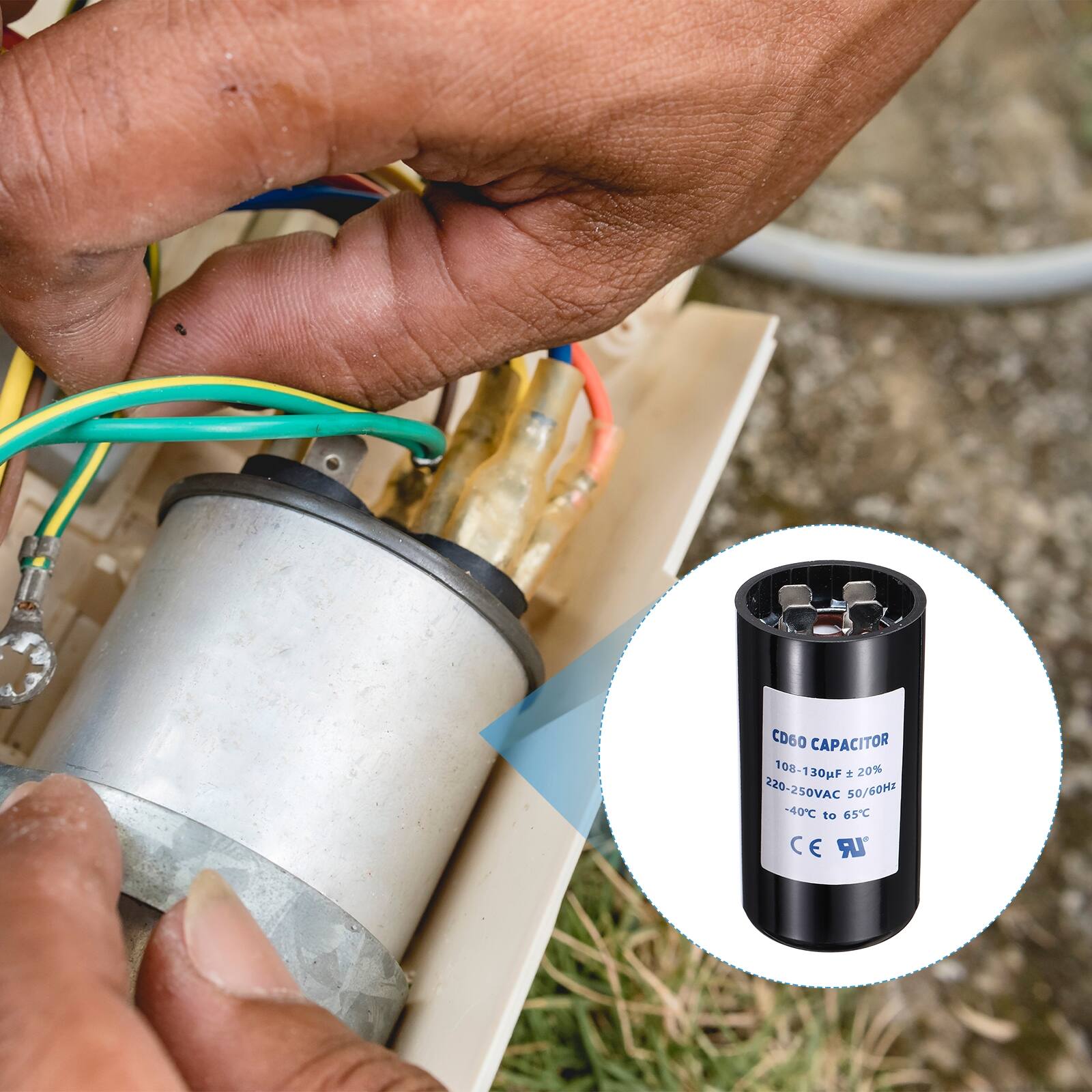 CD60 CAPACITOR  
108-130µF ± 20%  
220-250VAC 50/60Hz  
-40°C to 65°C  
CE LR