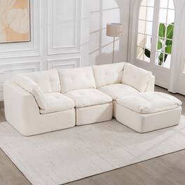 Anysun - Modern Cloud-Style 4-Seat Chenille Modular Sectional Sofa - L-Shape with Ottoman, Deep-Seat Convertible Design - White