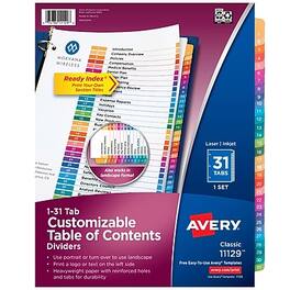 Avery - Ready Index Table of Contents Pre-Printed Numeric Paper Divider, 31 Tabs, 1 Set - Multicolor
