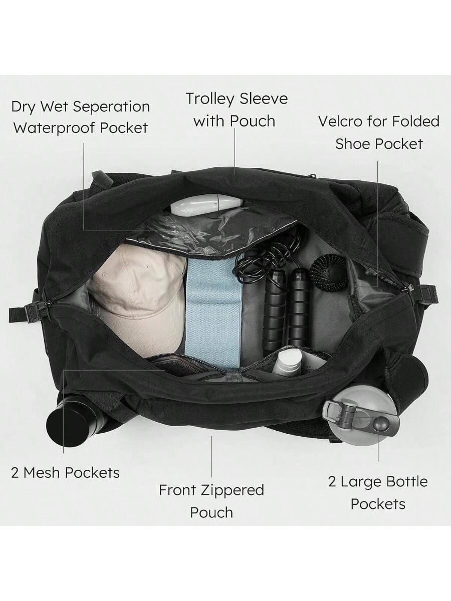 - Dry Wet Separation Waterproof Pocket
- Trolley Sleeve with Pouch
- Velcro for Folded Shoe Pocket
- 2 Mesh Pockets
- Front Zippered Pouch
- 2 Large Bottle Pockets