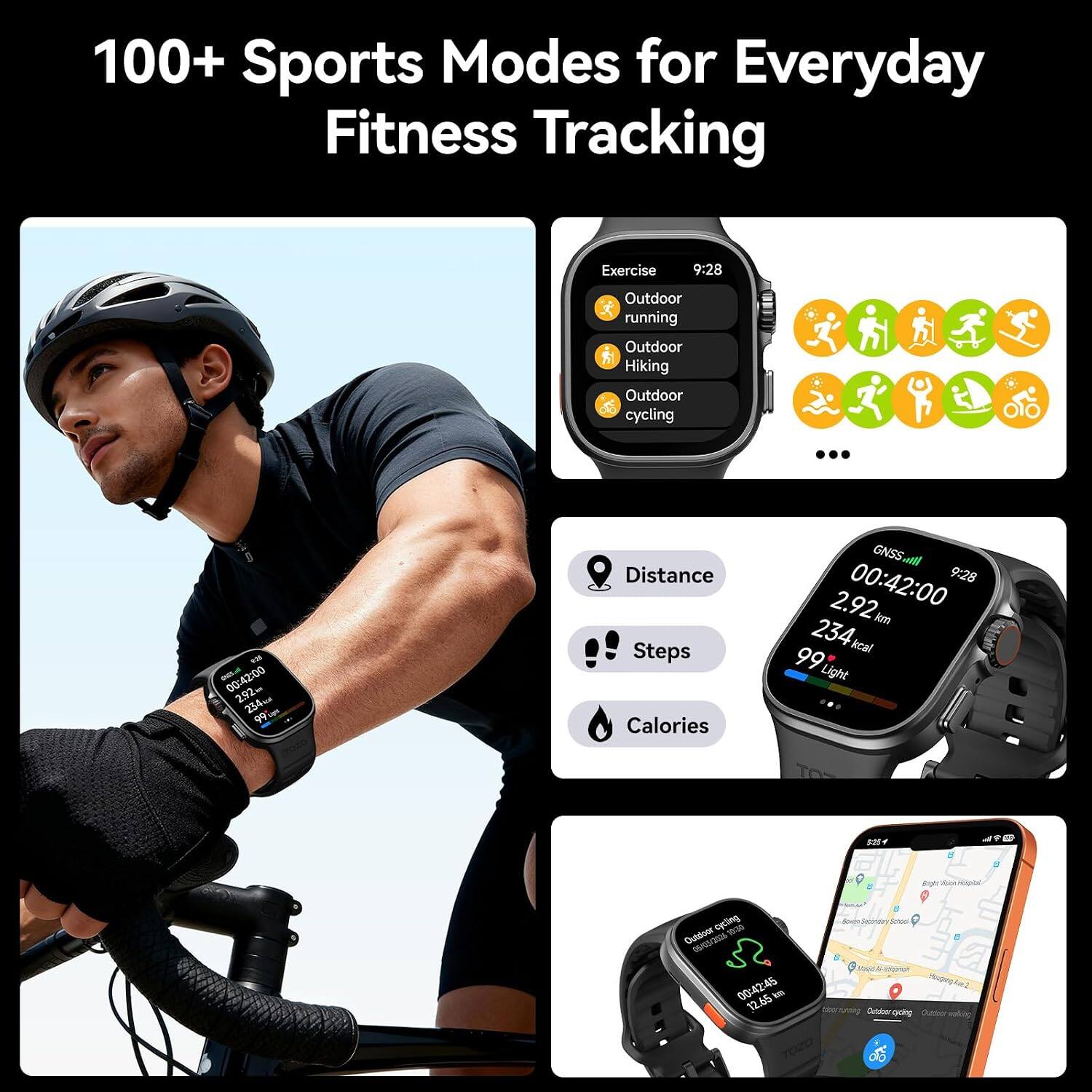 100+ Sports Modes for Everyday Fitness Tracking

Exercise 9:28
Outdoor running
Outdoor Hiking
Outdoor cycling

00:42:00
2.92 km
234 m
99 Light

Distance
Steps
Calories

GNSS
9:28
2.92 km
234 kcal

00:42:45
12.65 km