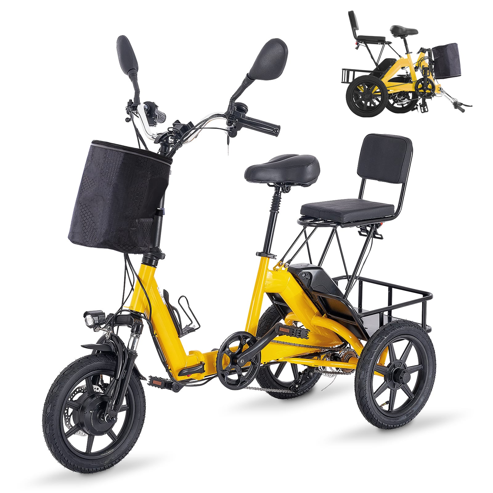 TinyHomie - Foldable Electric Tricycle Adult 350W/500W 480Wh Battery 2 Seats Black & Yellow - White