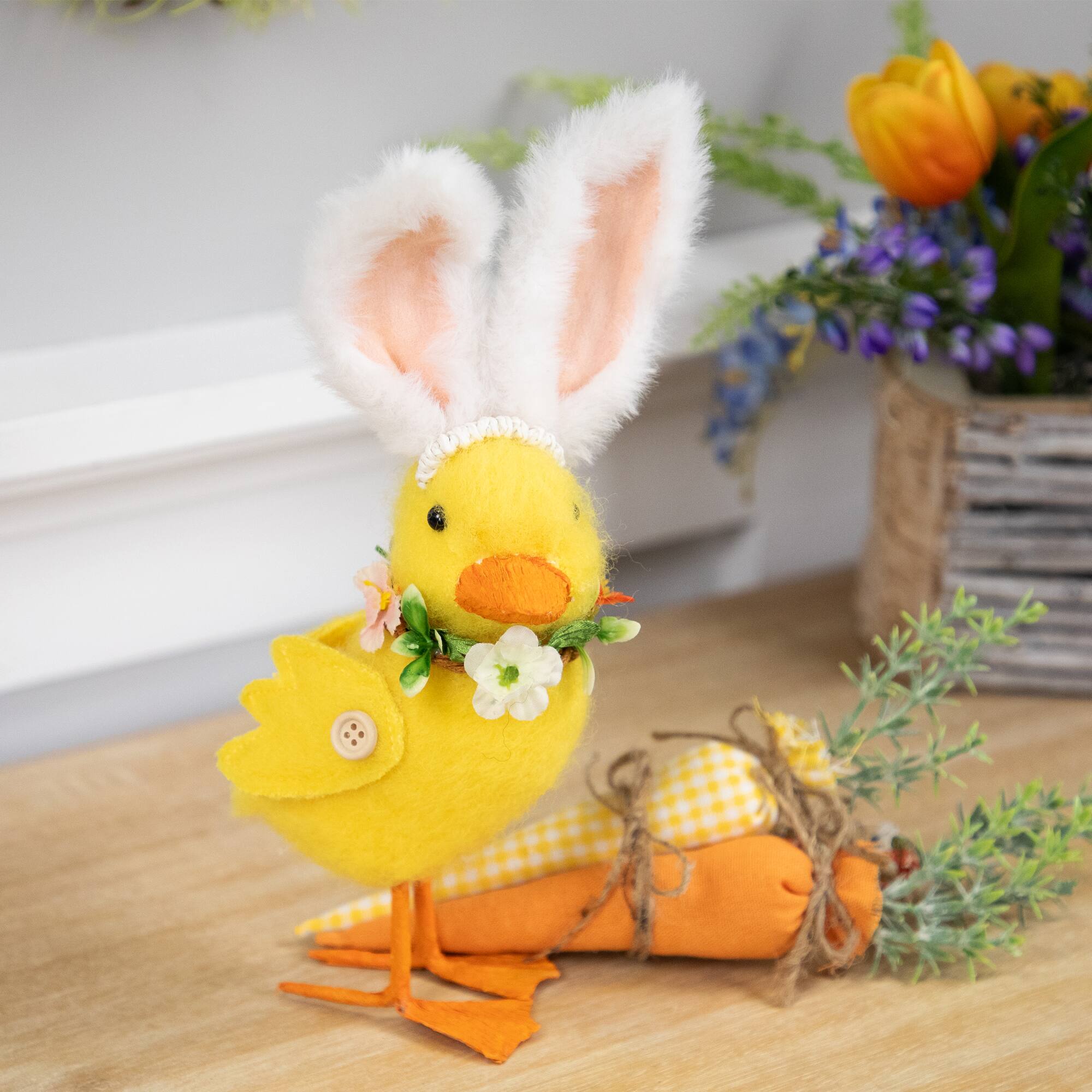 Alt View 1. Northlight - Duckling with Rabbit Ears Floral Easter Figurine - 10" - Yellow - Yellow.