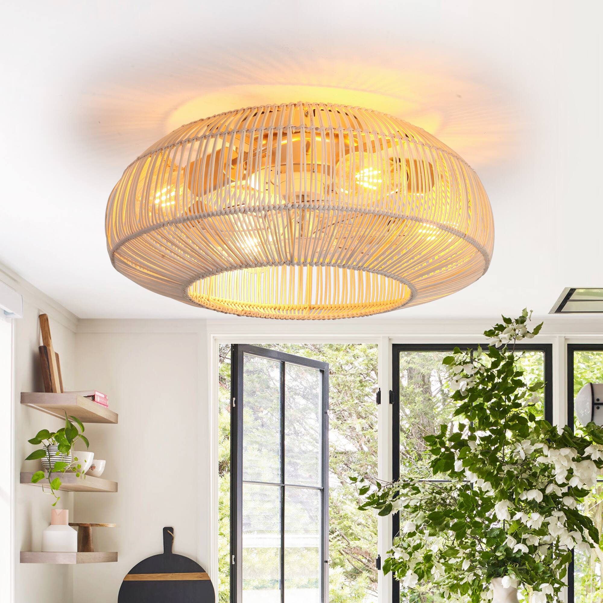 Angle. Parrot Uncle - 20" Coastal Weave Rattan Gold Flush Mount Caged Ceiling Fan with Remote - Gold.