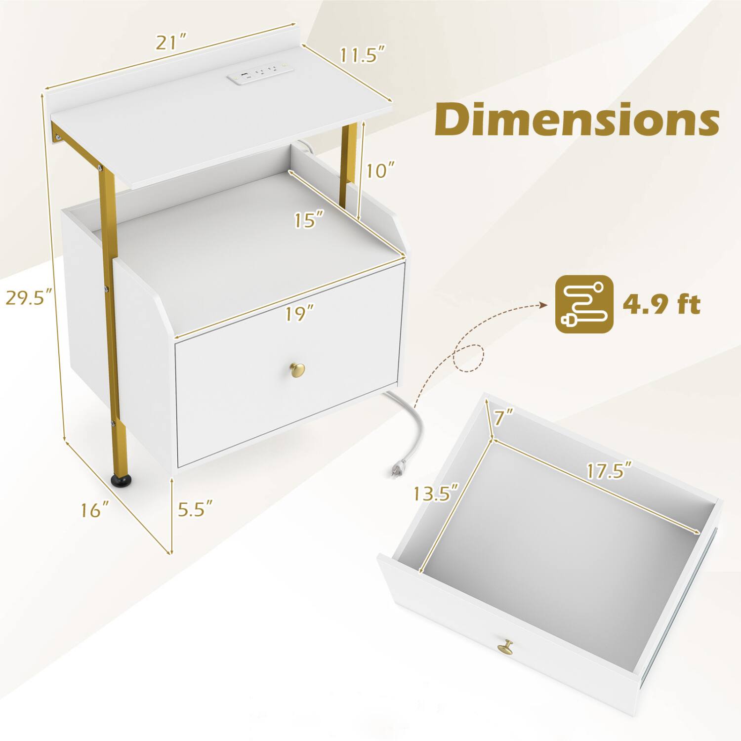 21"  
11.5"  
Dimensions 10"  
29.5"  
15" 19"  
in 4.9ft  

16"  
5.5"  
13.5"  
17.5"