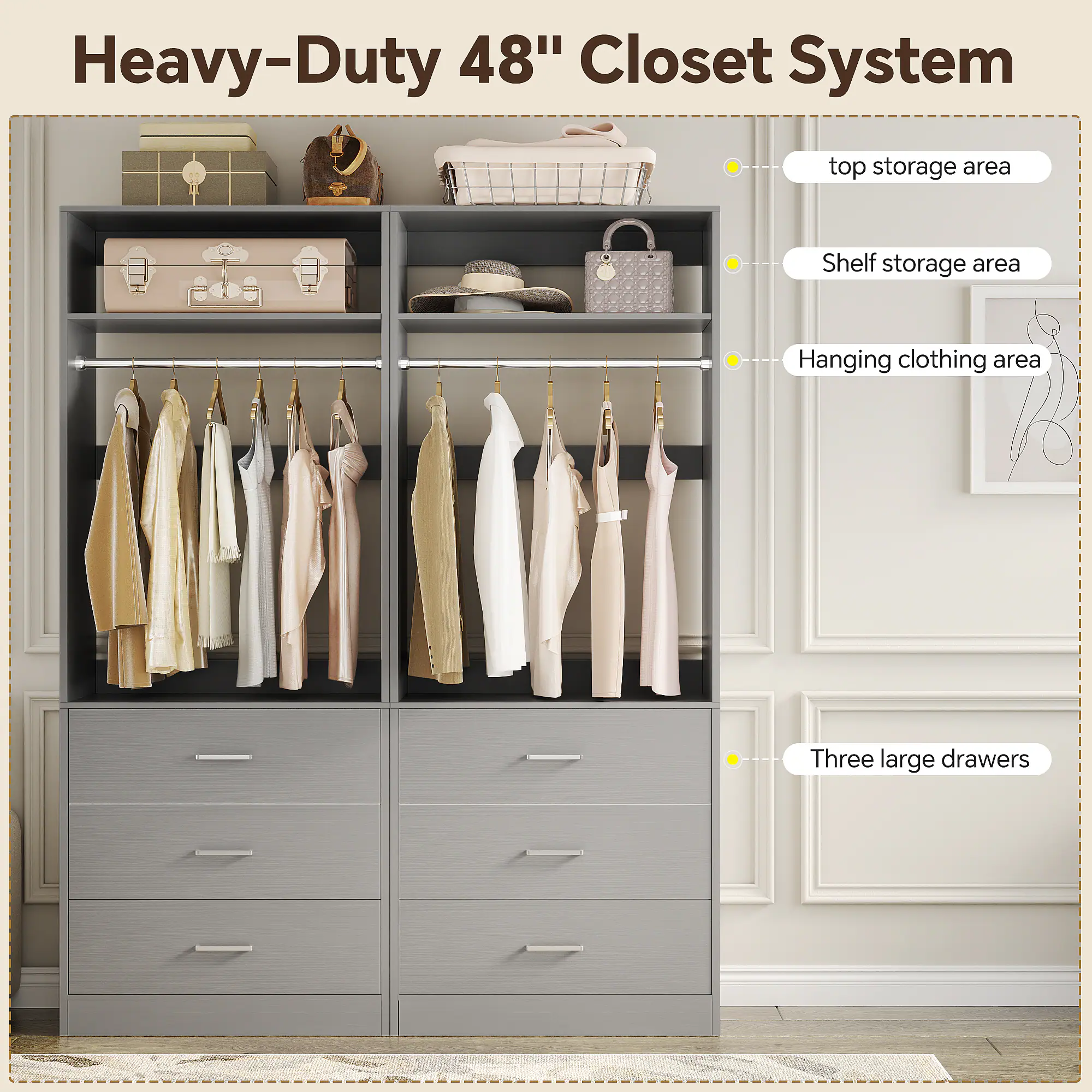 Heavy-Duty 48" Closet System

- top storage area
- Shelf storage area
- Hanging clothing area
- Three large drawers
